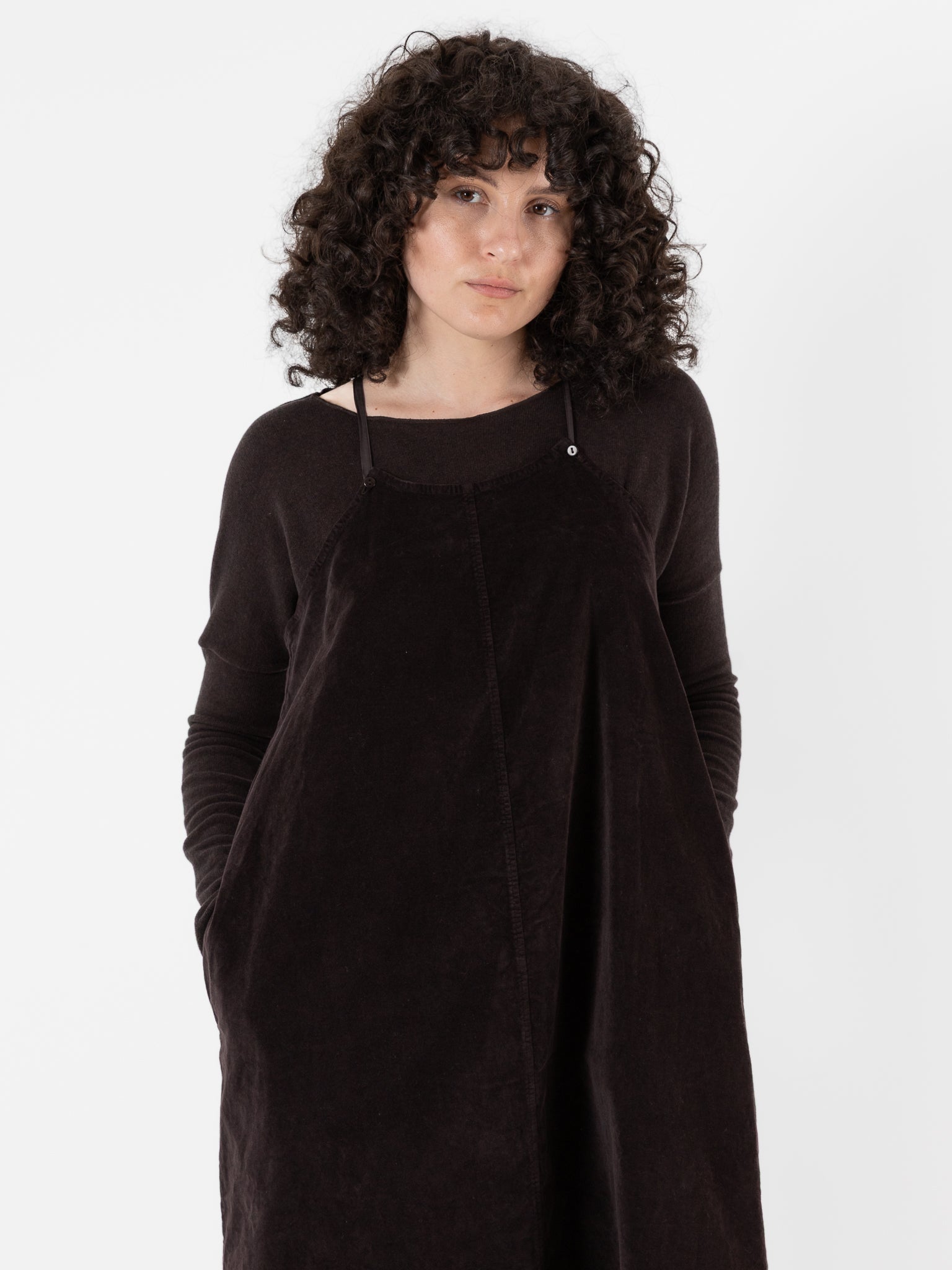 Album Di Famiglia Velvet Skirt Salopette in Chocolate - ALBUM DI FAMIGLIA at Worthwhile - shop DRESS