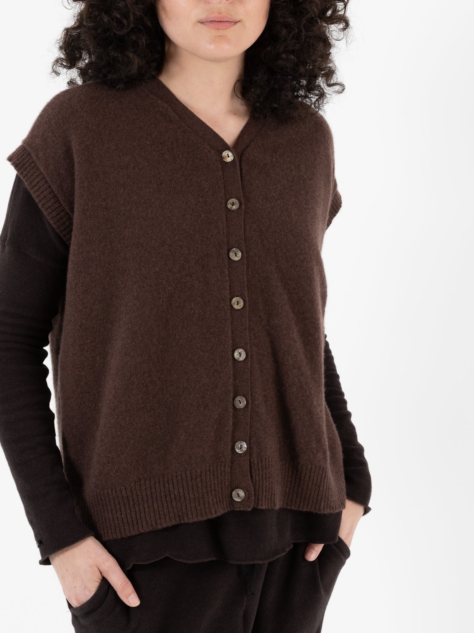 Album Di Famiglia Cashmere Open Vest in Chestnut - ALBUM DI FAMIGLIA at Worthwhile - shop VEST