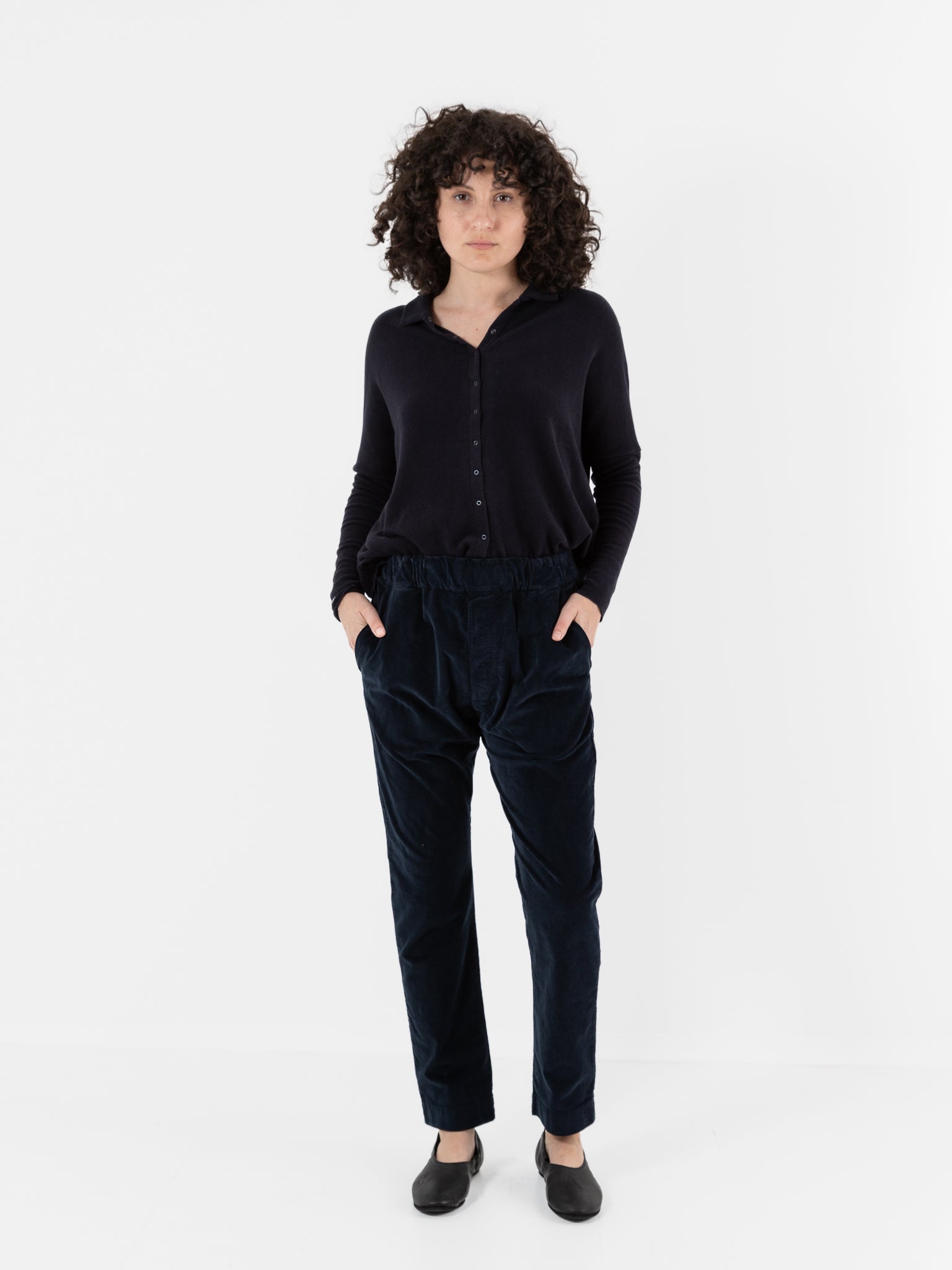 Album Di Famiglia Velvet Slim Trousers in Ink - ALBUM DI FAMIGLIA at Worthwhile - shop PANT
