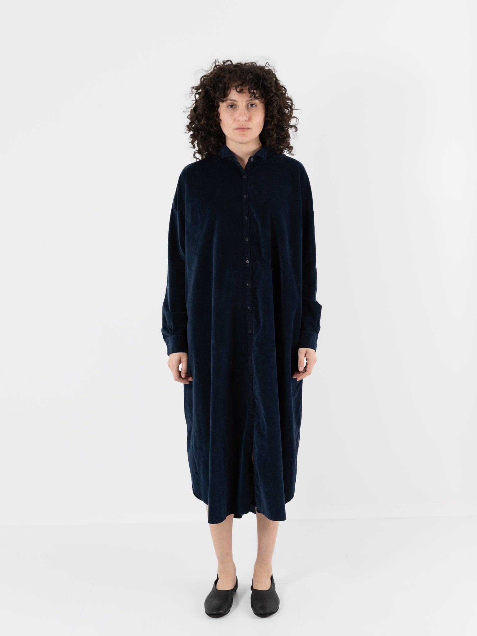 Album Di Famiglia Velvet Long Shirt Dress in Ink - ALBUM DI FAMIGLIA at Worthwhile - shop DRESS