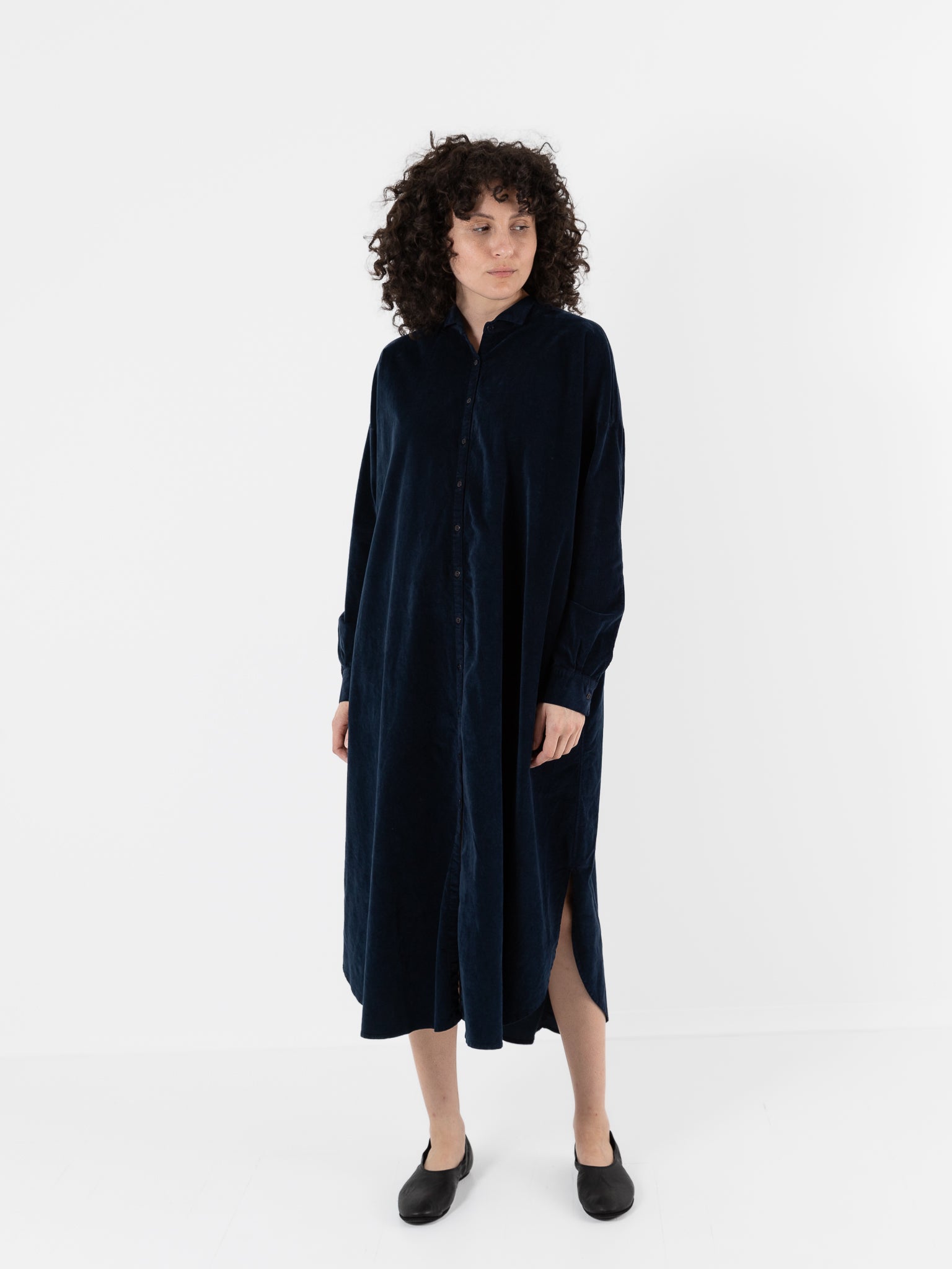 Album Di Famiglia Velvet Long Shirt Dress in Ink - ALBUM DI FAMIGLIA at Worthwhile - shop DRESS