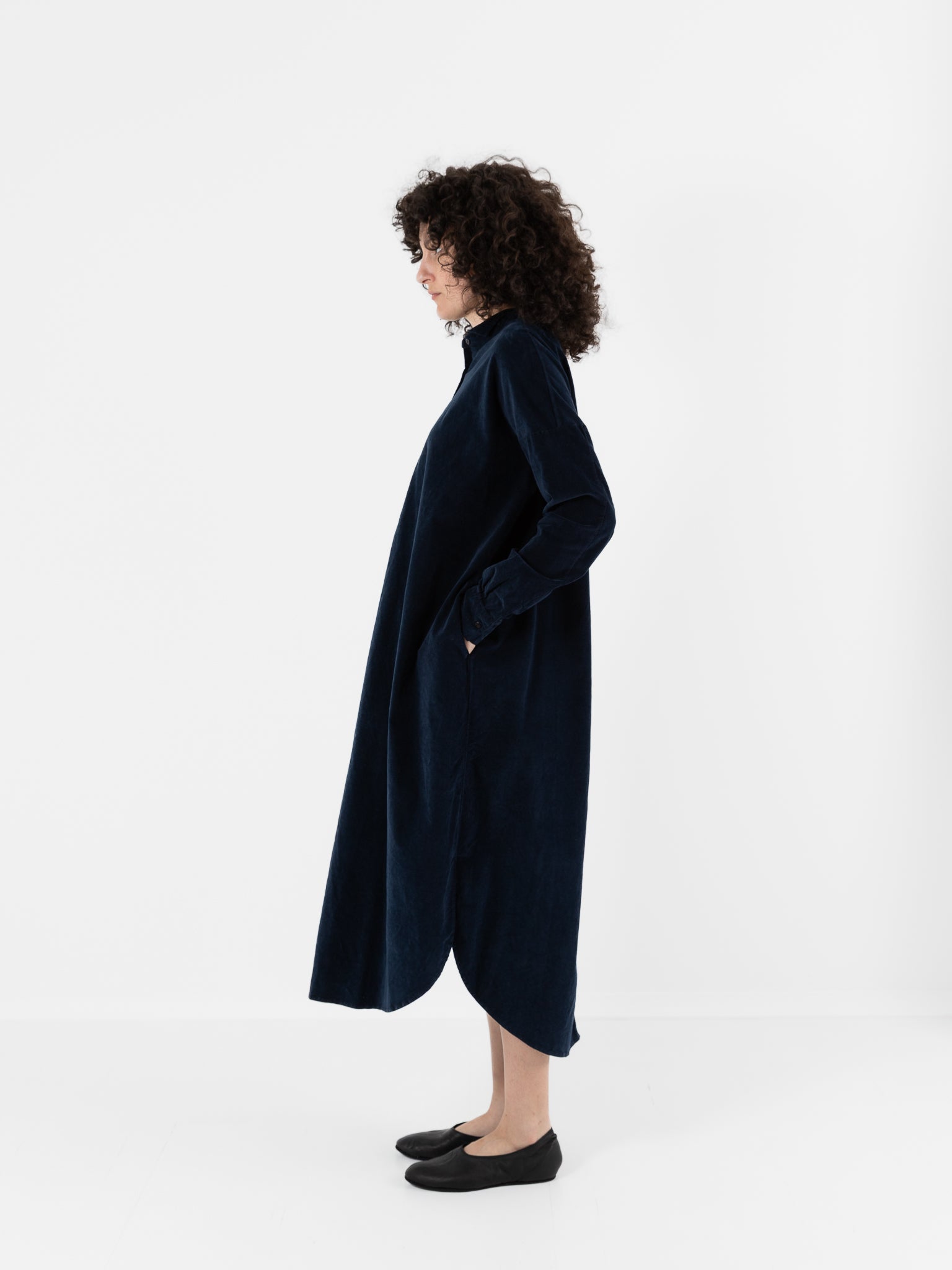 Album Di Famiglia Velvet Long Shirt Dress in Ink - ALBUM DI FAMIGLIA at Worthwhile - shop DRESS