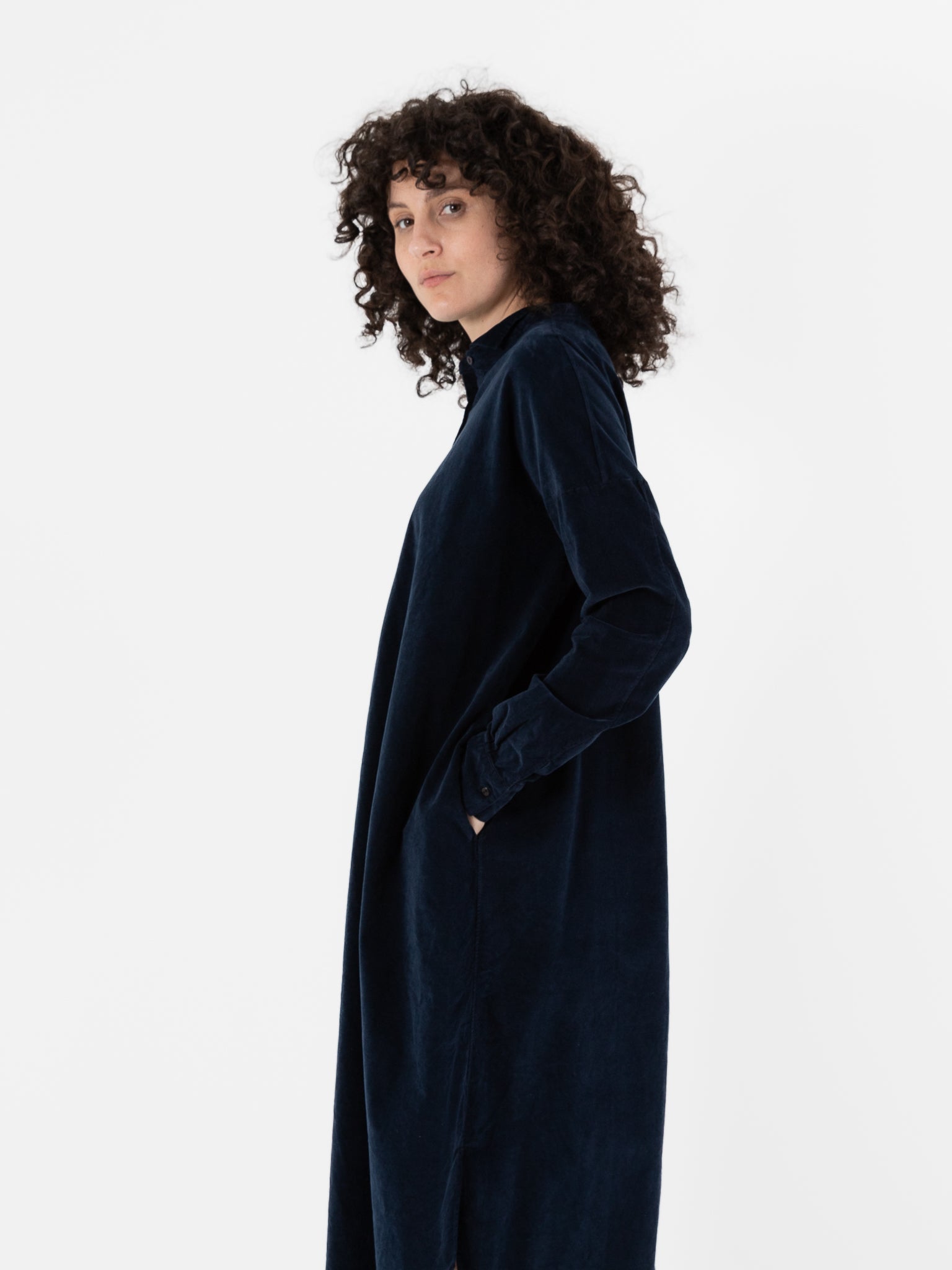 Album Di Famiglia Velvet Long Shirt Dress in Ink - ALBUM DI FAMIGLIA at Worthwhile - shop DRESS