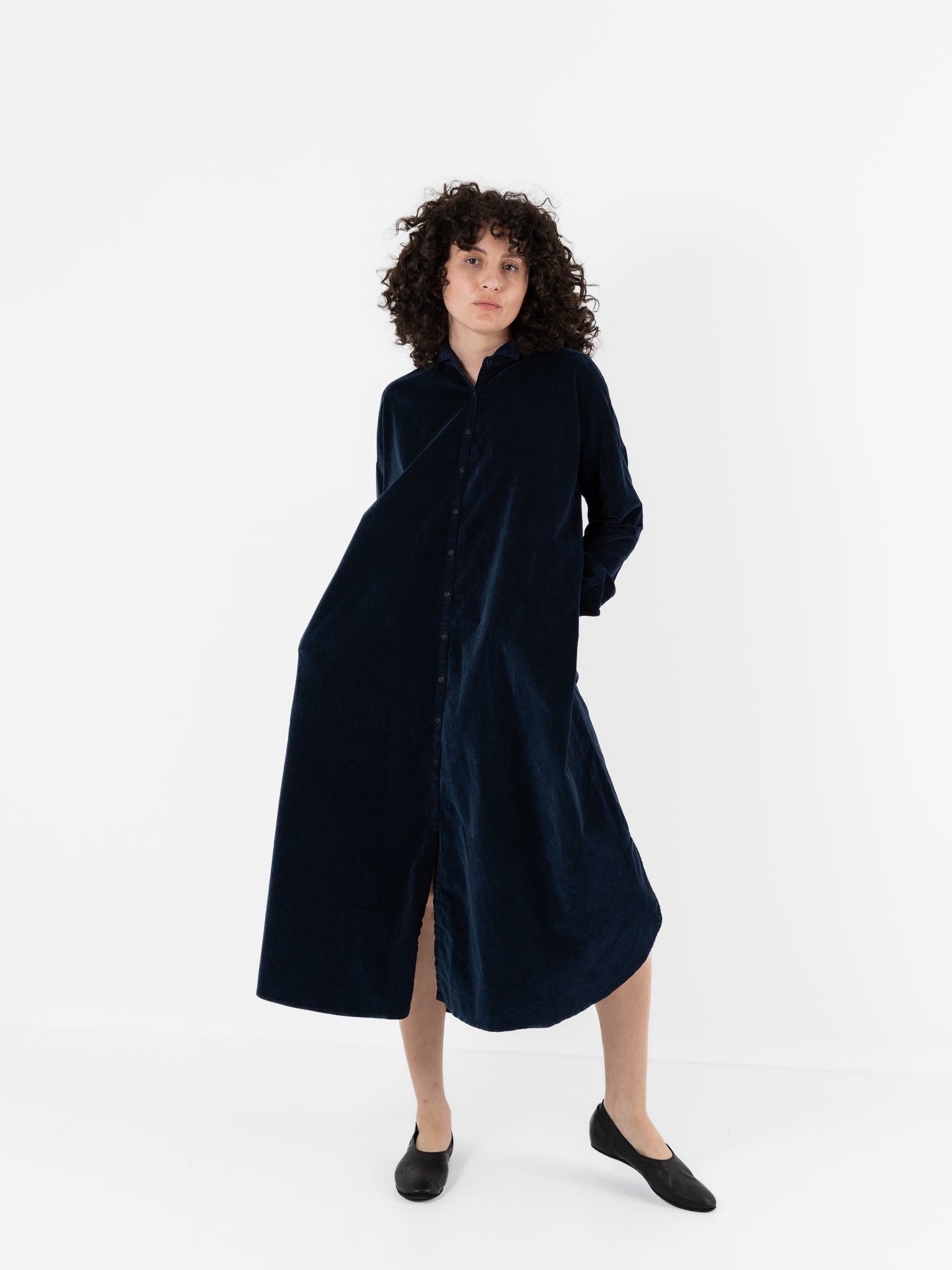 Album Di Famiglia Velvet Long Shirt Dress in Ink - ALBUM DI FAMIGLIA at Worthwhile - shop DRESS