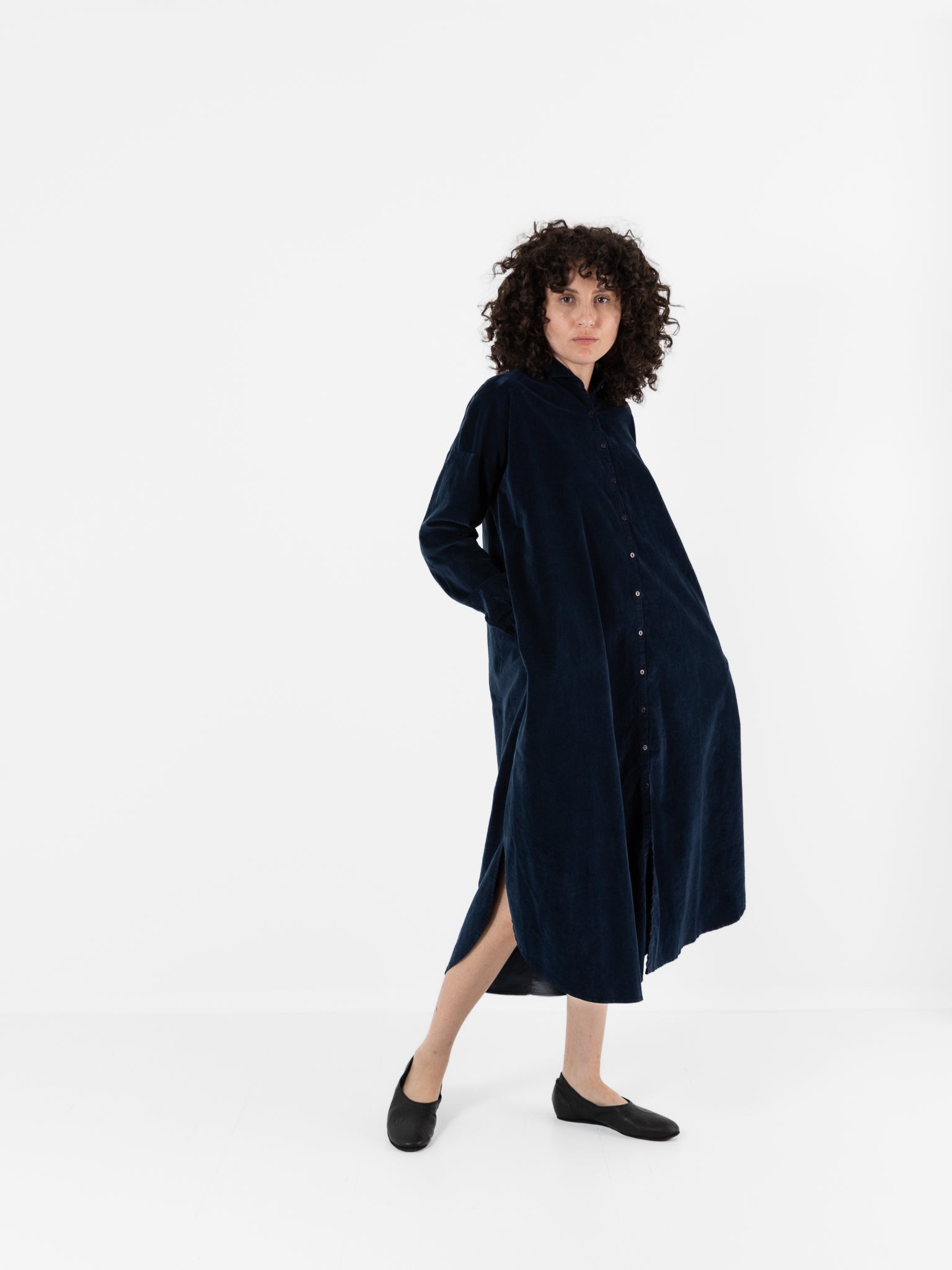 Album Di Famiglia Velvet Long Shirt Dress in Ink - ALBUM DI FAMIGLIA at Worthwhile - shop DRESS
