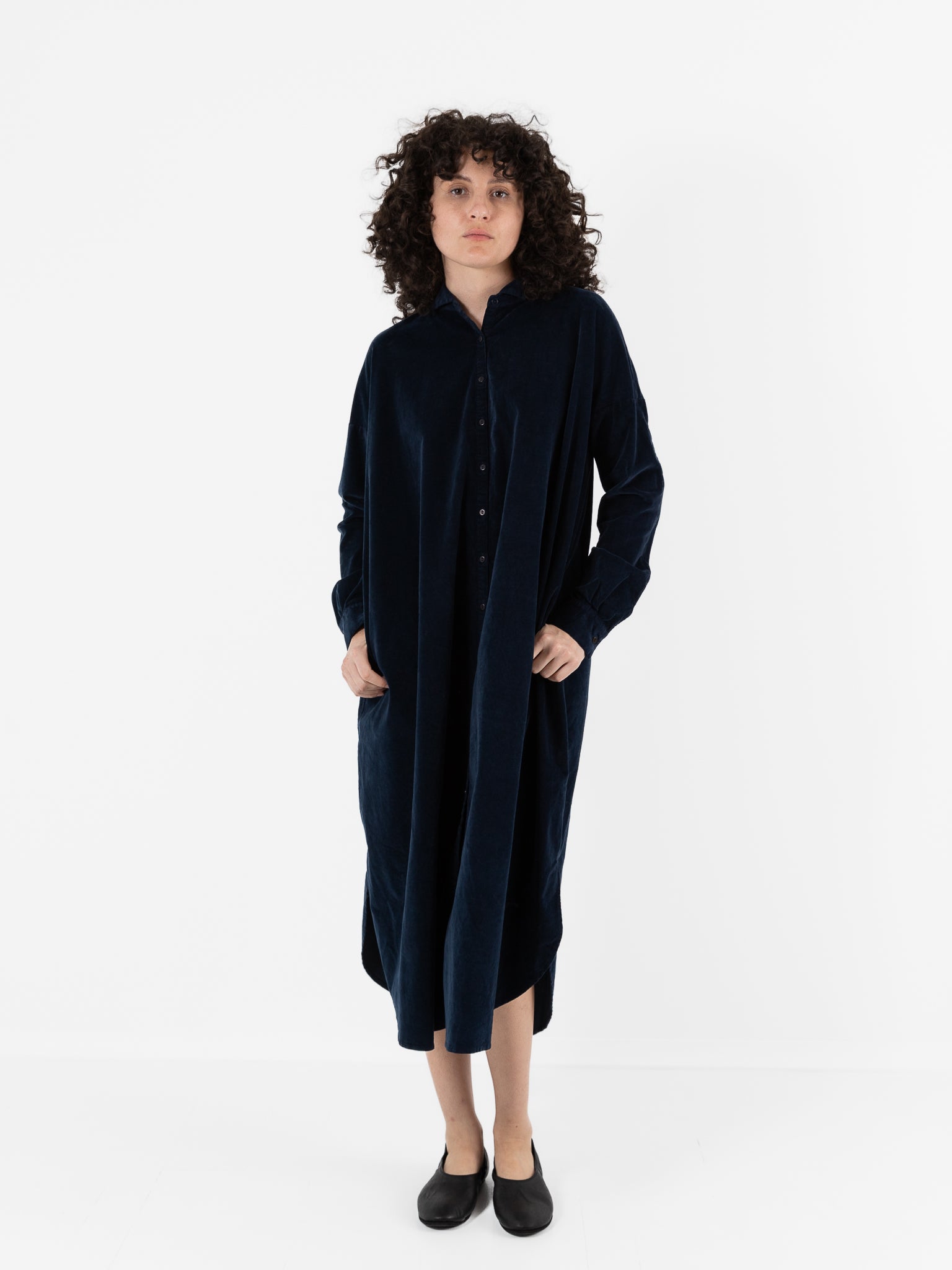 Album Di Famiglia Velvet Long Shirt Dress in Ink - ALBUM DI FAMIGLIA at Worthwhile - shop DRESS