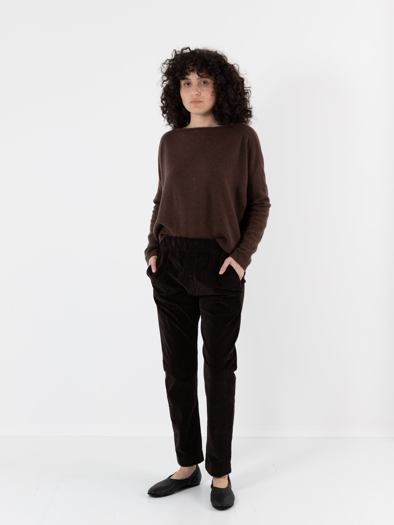 Album Di Famiglia Velvet Slim Trousers in Chocolate - ALBUM DI FAMIGLIA at Worthwhile - shop PANT