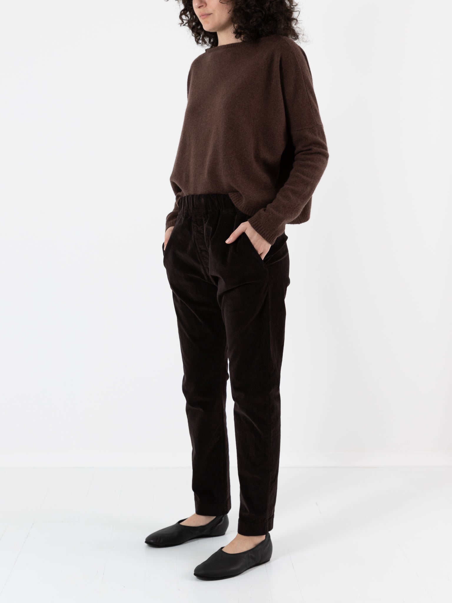 Album Di Famiglia Velvet Slim Trousers in Chocolate - ALBUM DI FAMIGLIA at Worthwhile - shop PANT