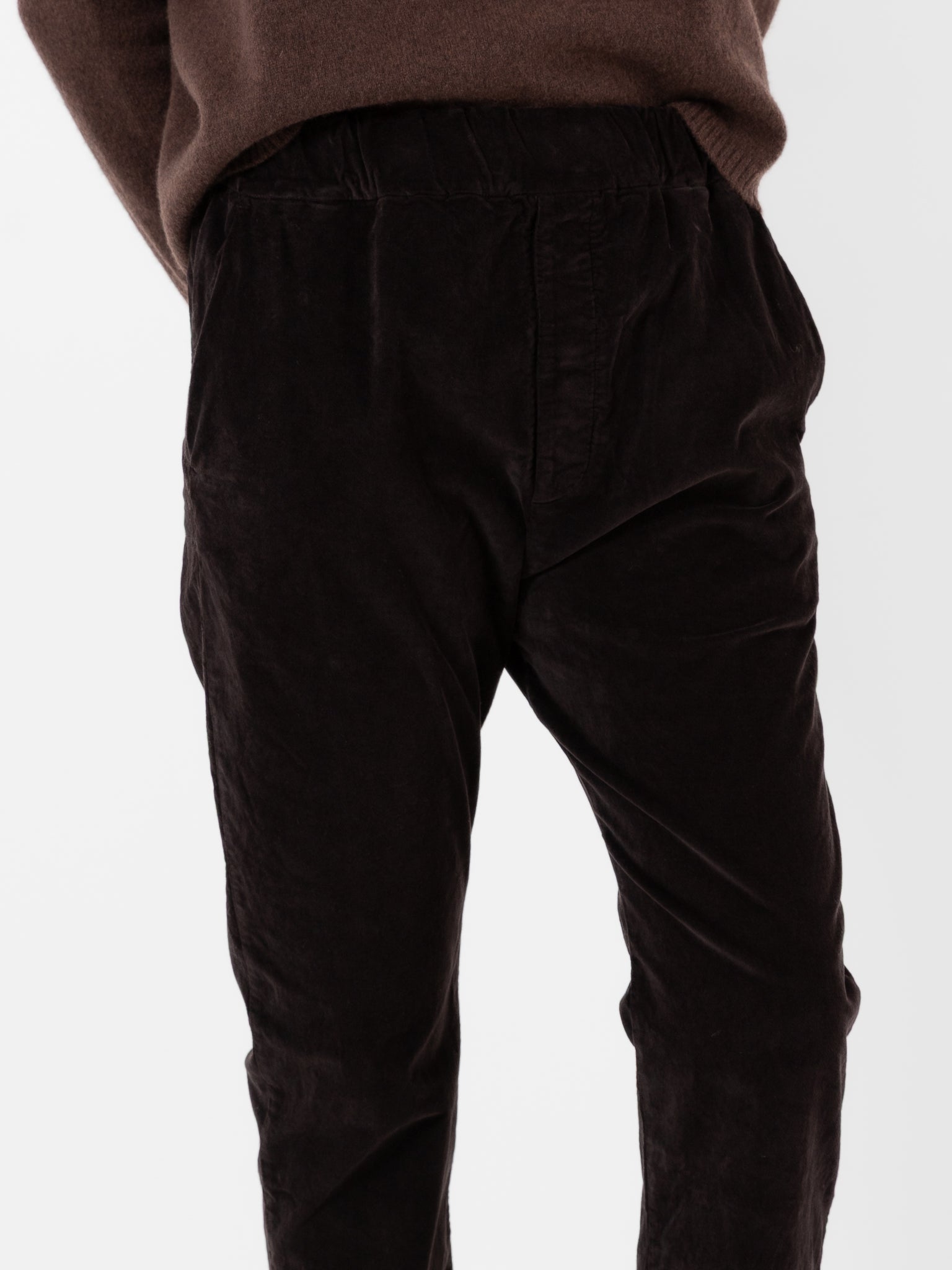 Album Di Famiglia Velvet Slim Trousers in Chocolate - ALBUM DI FAMIGLIA at Worthwhile - shop PANT