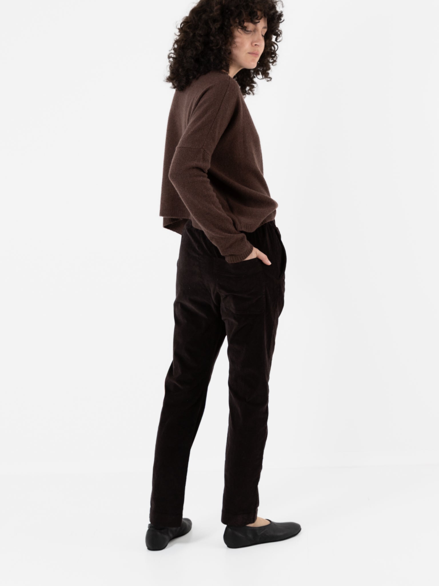 Album Di Famiglia Velvet Slim Trousers in Chocolate - ALBUM DI FAMIGLIA at Worthwhile - shop PANT