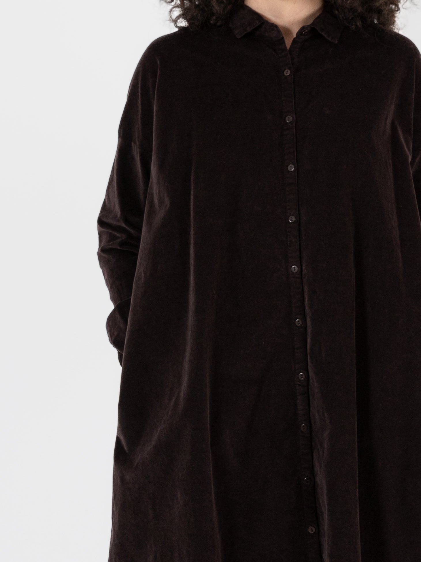 Album Di Famiglia Velvet Long Shirt Dress in Chocolate - ALBUM DI FAMIGLIA at Worthwhile - shop DRESS