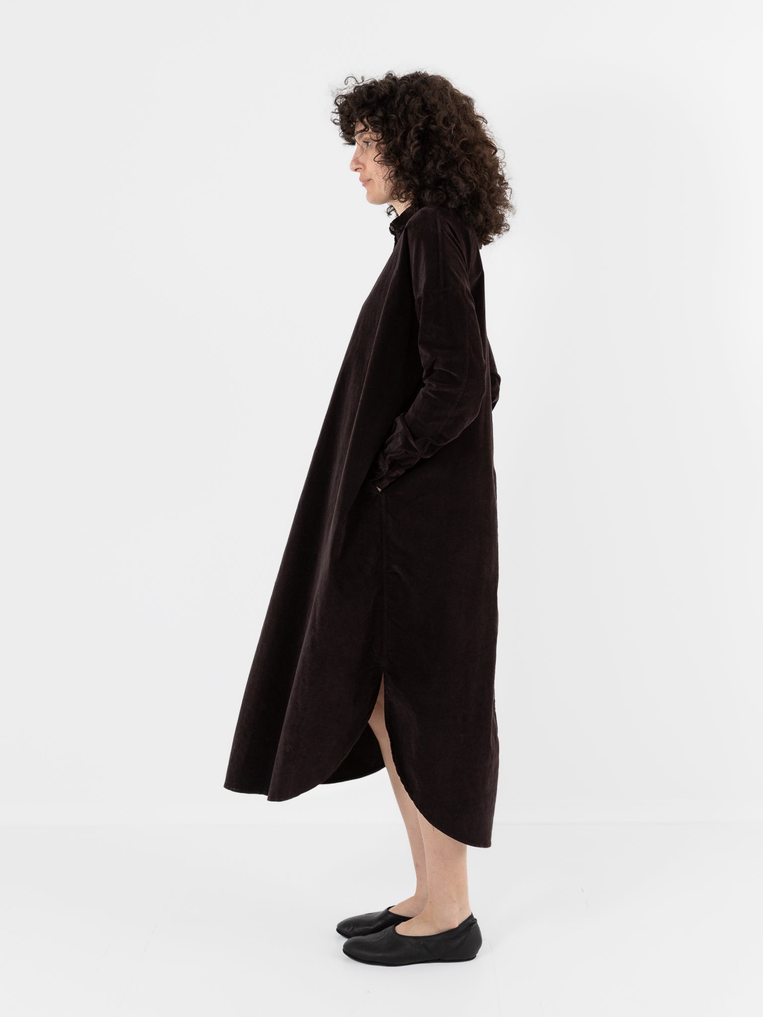 Album Di Famiglia Velvet Long Shirt Dress in Chocolate - ALBUM DI FAMIGLIA at Worthwhile - shop DRESS