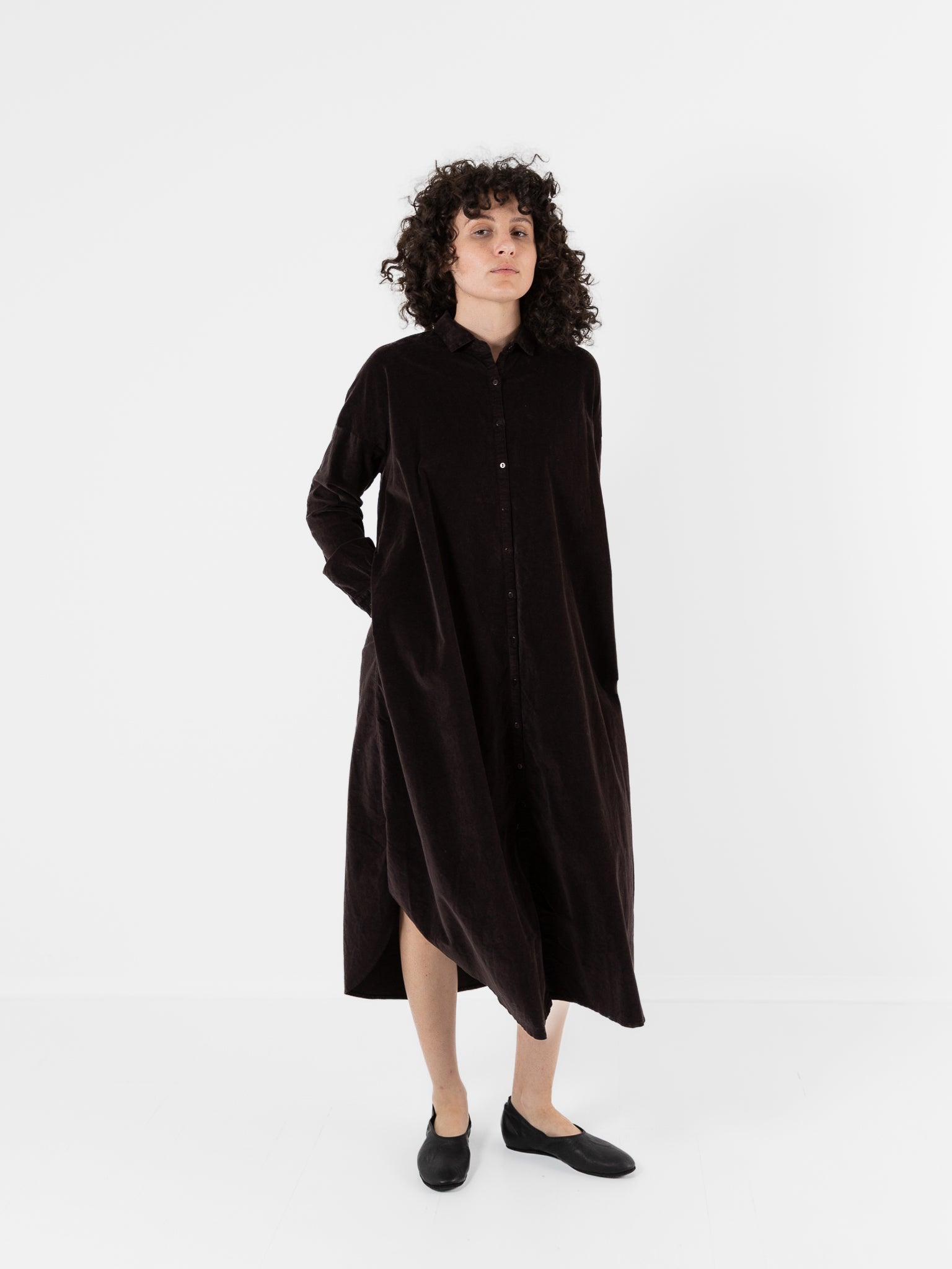 Album Di Famiglia Velvet Long Shirt Dress in Chocolate - ALBUM DI FAMIGLIA at Worthwhile - shop DRESS