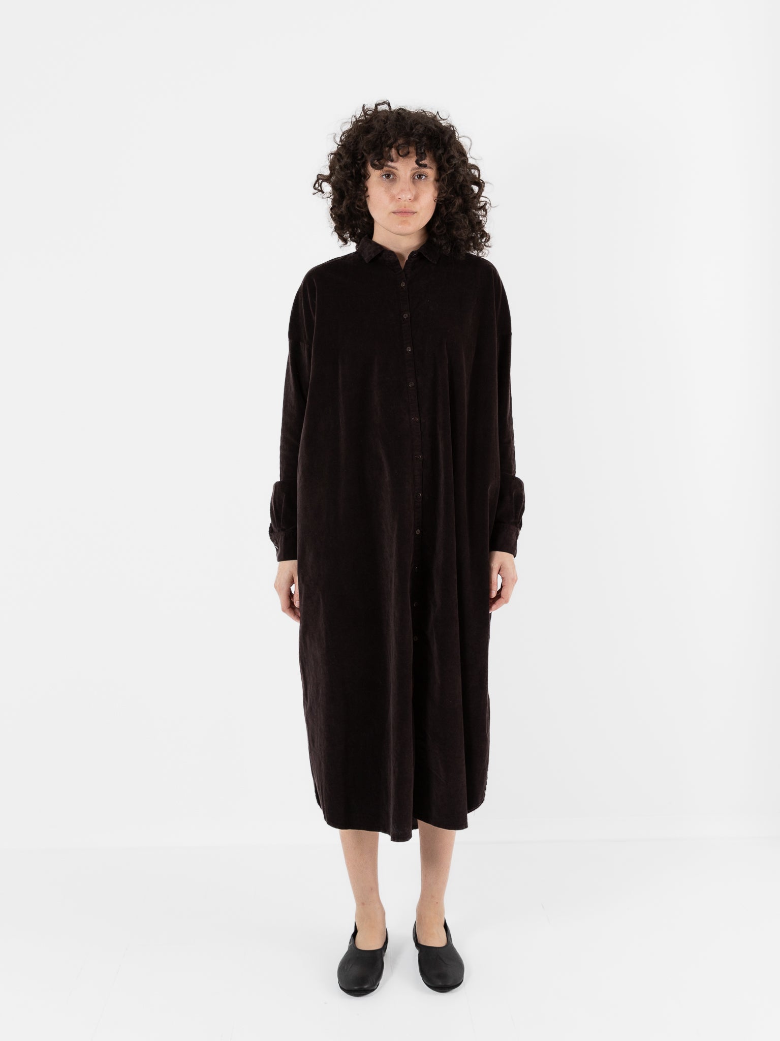 Album Di Famiglia Velvet Long Shirt Dress in Chocolate - ALBUM DI FAMIGLIA at Worthwhile - shop DRESS
