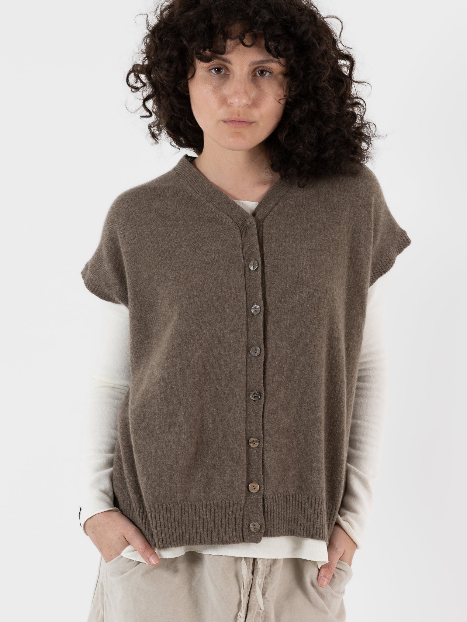 Album Di Famiglia Cashmere Open Vest in Marron Glace - ALBUM DI FAMIGLIA at Worthwhile - shop VEST