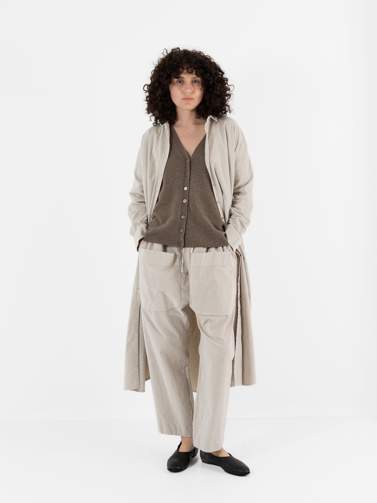 Album di Famiglia Velvet Long Shirt Dress in Oatmeal - ALBUM DI FAMIGLIA at Worthwhile - shop DRESS