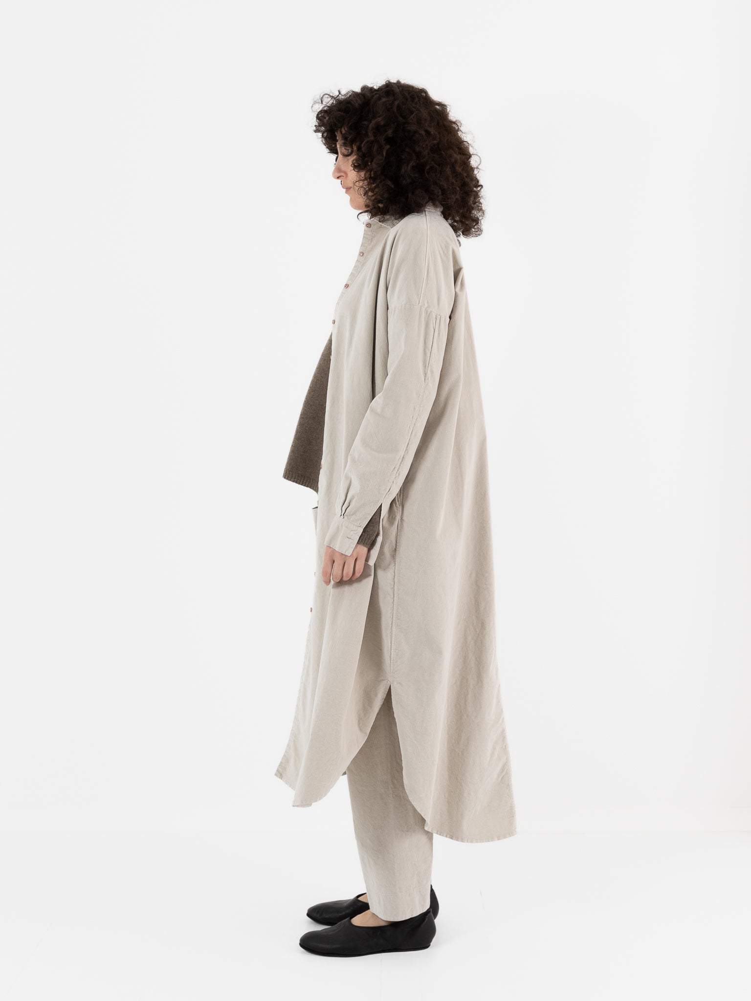Album di Famiglia Velvet Long Shirt Dress in Oatmeal - ALBUM DI FAMIGLIA at Worthwhile - shop DRESS