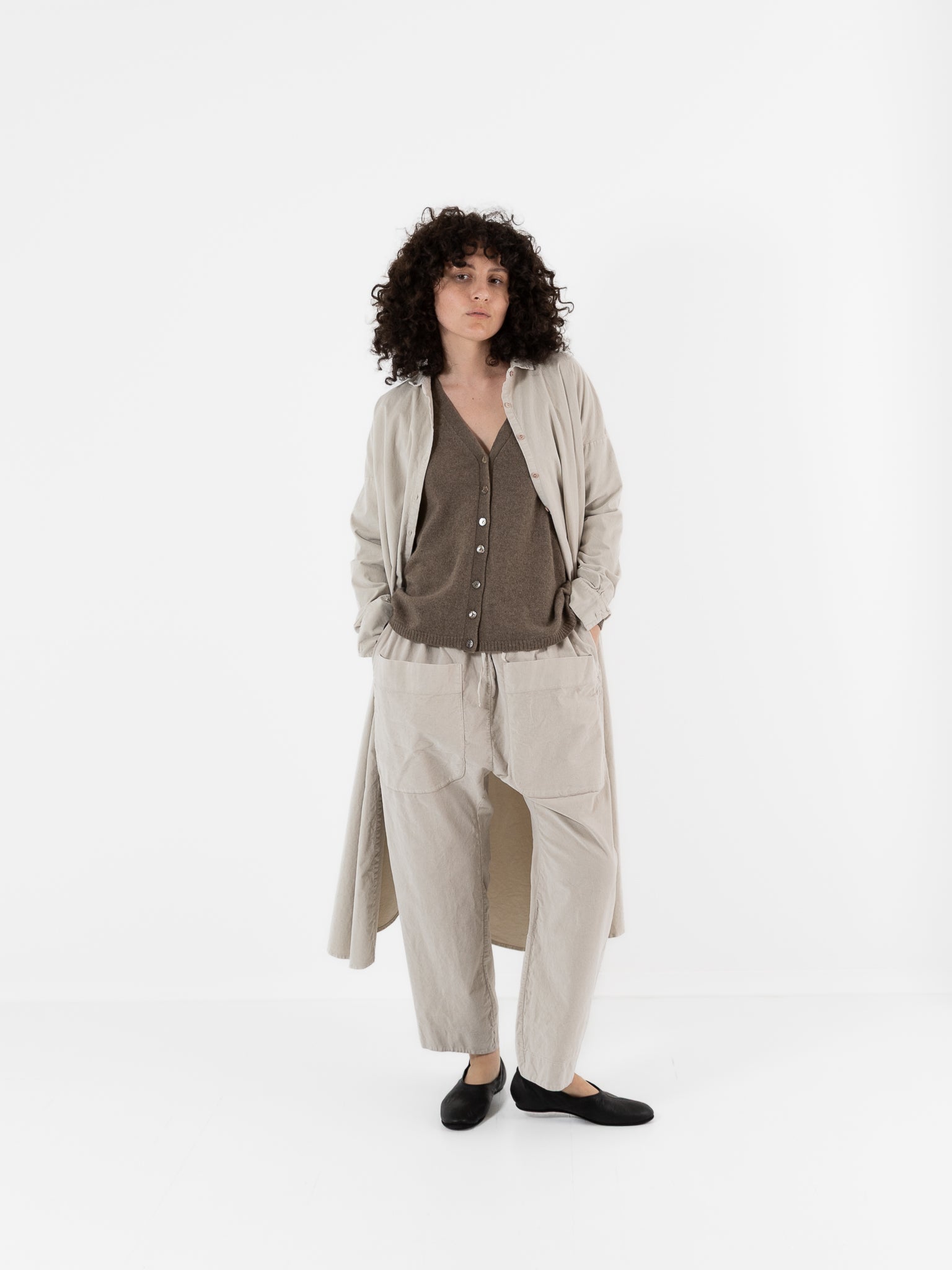 Album di Famiglia Velvet Long Shirt Dress in Oatmeal - ALBUM DI FAMIGLIA at Worthwhile - shop DRESS