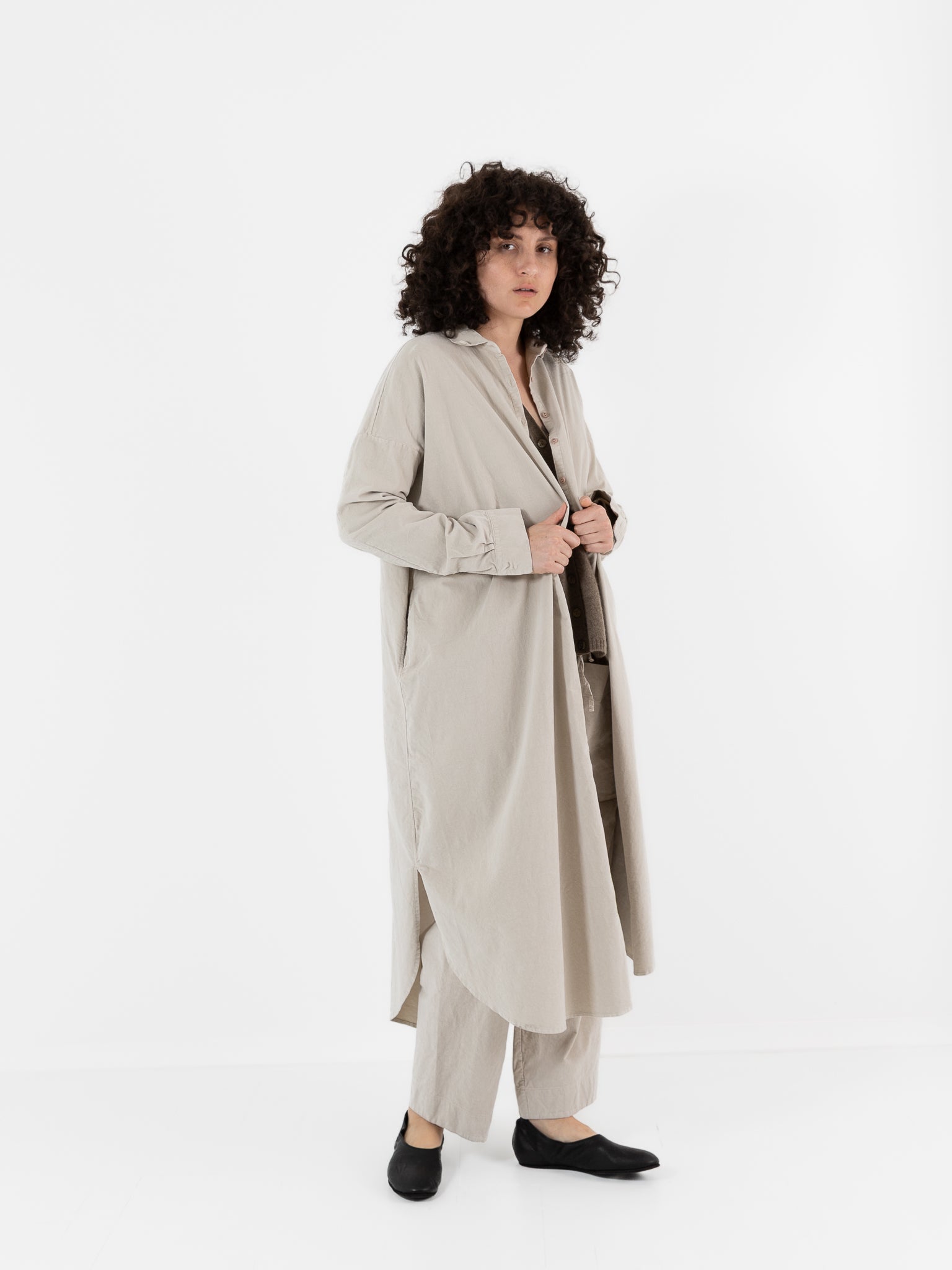 Album di Famiglia Velvet Long Shirt Dress in Oatmeal - ALBUM DI FAMIGLIA at Worthwhile - shop DRESS