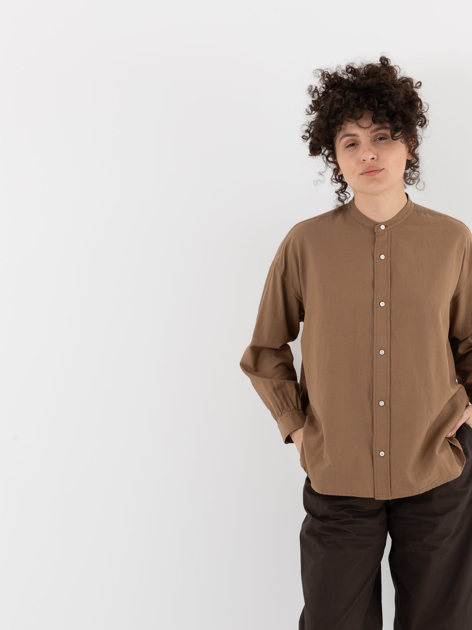 Arts & Science Band Collar Simple Shirt in Dark Mocha Beige - ARTS & SCIENCE at Worthwhile - shop TOP