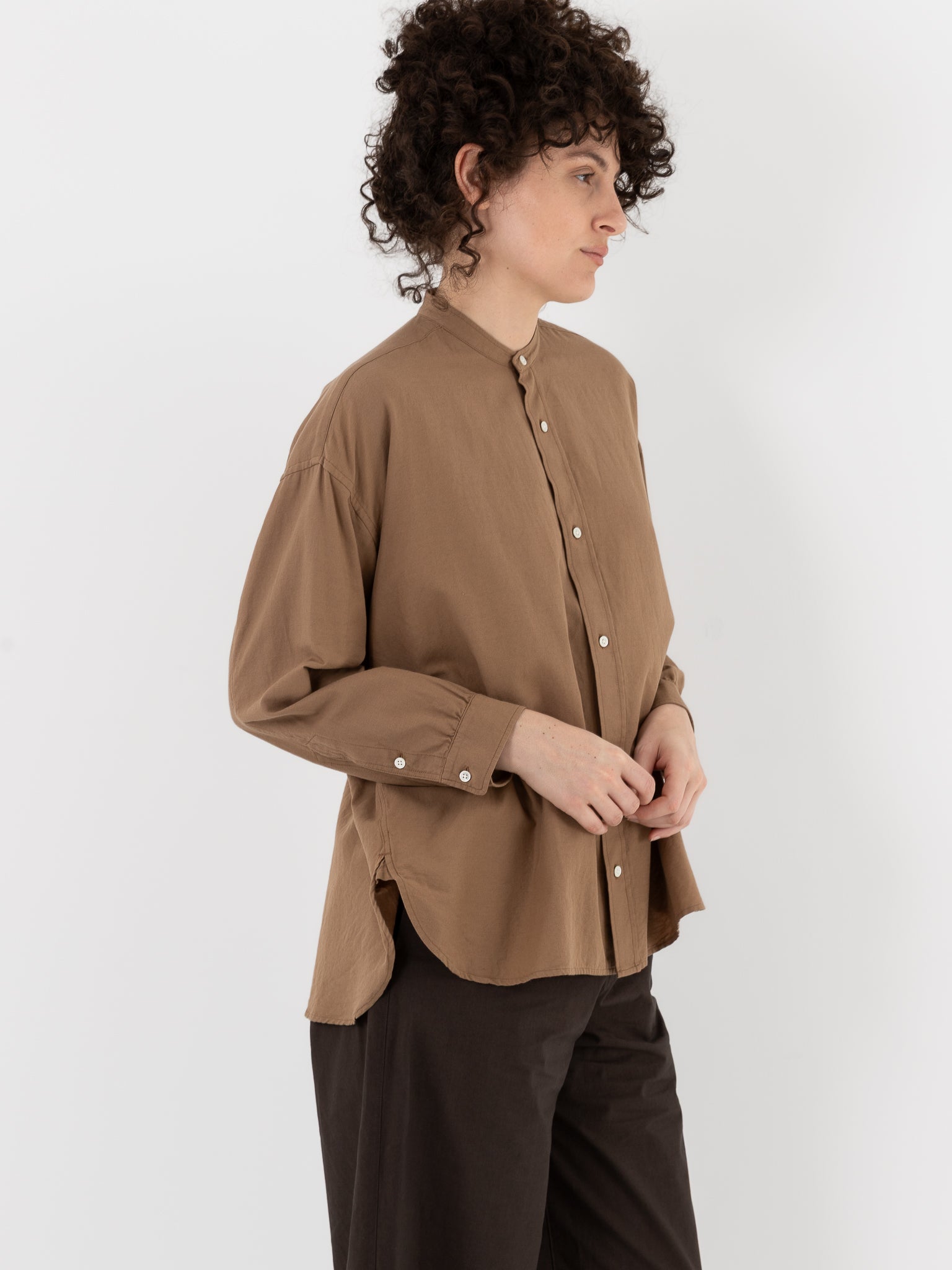 Arts & Science Band Collar Simple Shirt in Dark Mocha Beige - ARTS & SCIENCE at Worthwhile - shop TOP