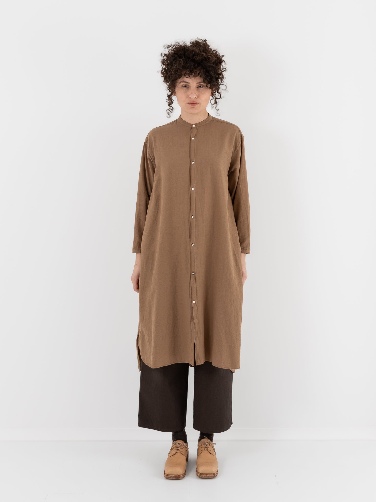 Arts & Science Front Open Night Shirt Long in Dark Mocha Beige - ARTS & SCIENCE at Worthwhile - shop TOP