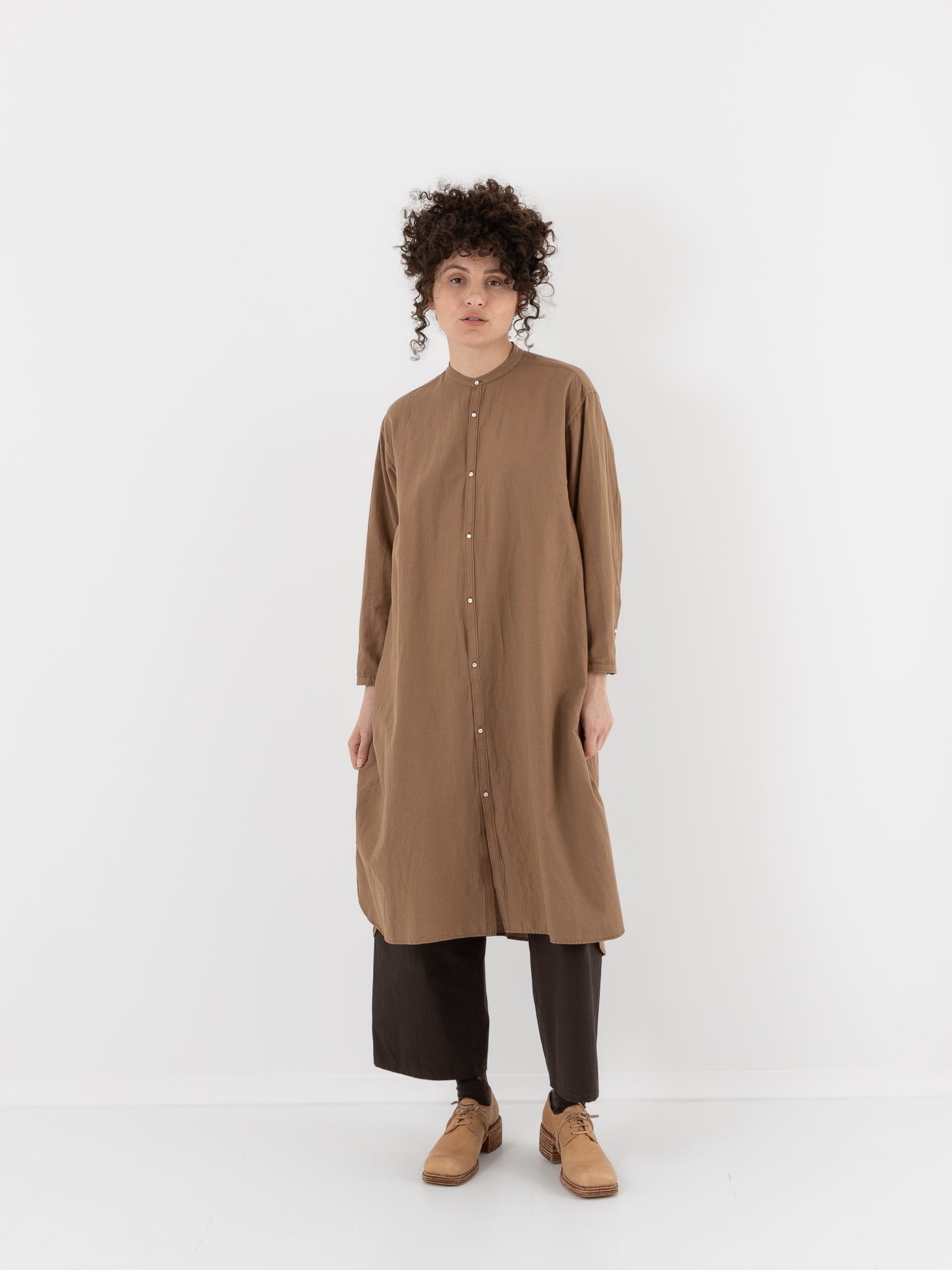 Arts & Science Front Open Night Shirt Long in Dark Mocha Beige - ARTS & SCIENCE at Worthwhile - shop TOP