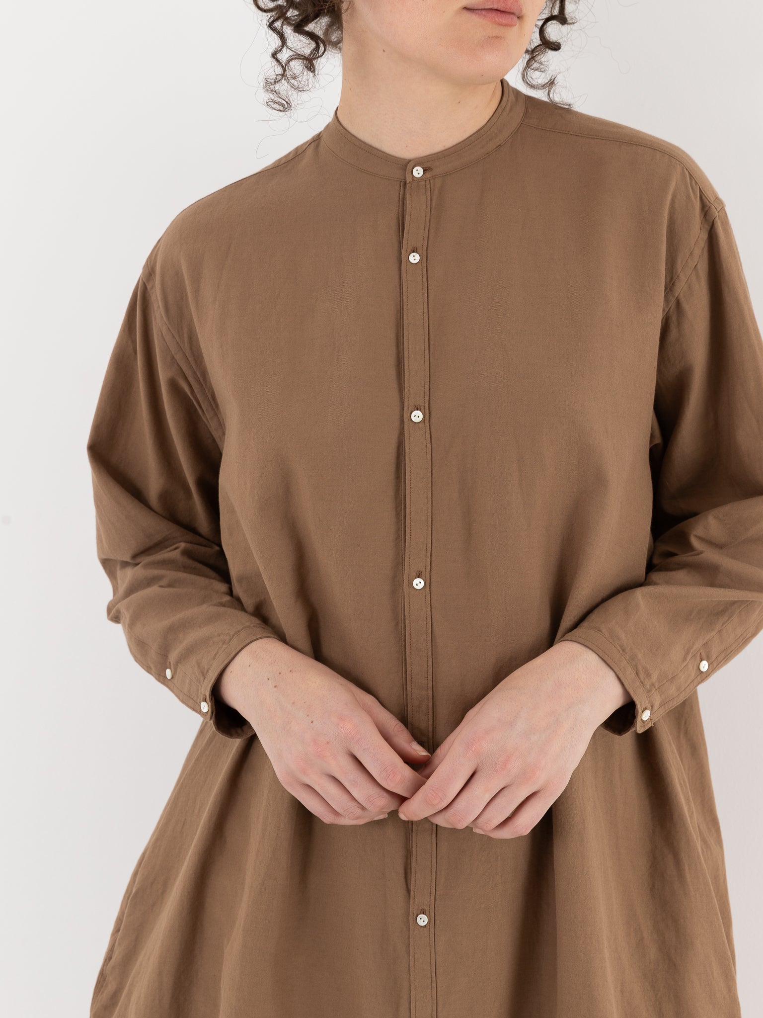 Arts & Science Front Open Night Shirt Long in Dark Mocha Beige - ARTS & SCIENCE at Worthwhile - shop TOP