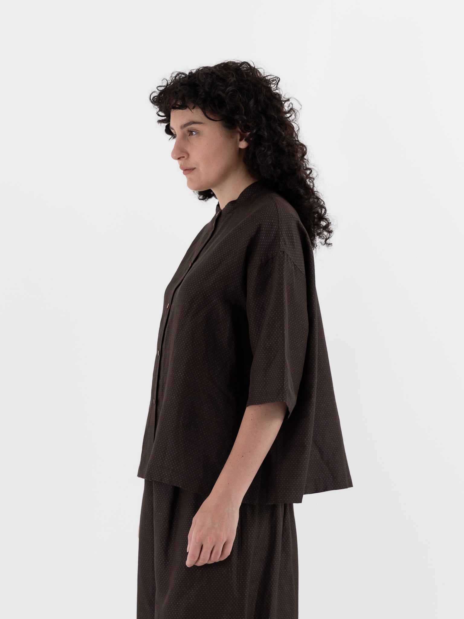 Arts & Science Stand Collar Boxy Shirt in Brown - ARTS & SCIENCE at Worthwhile - shop TOP