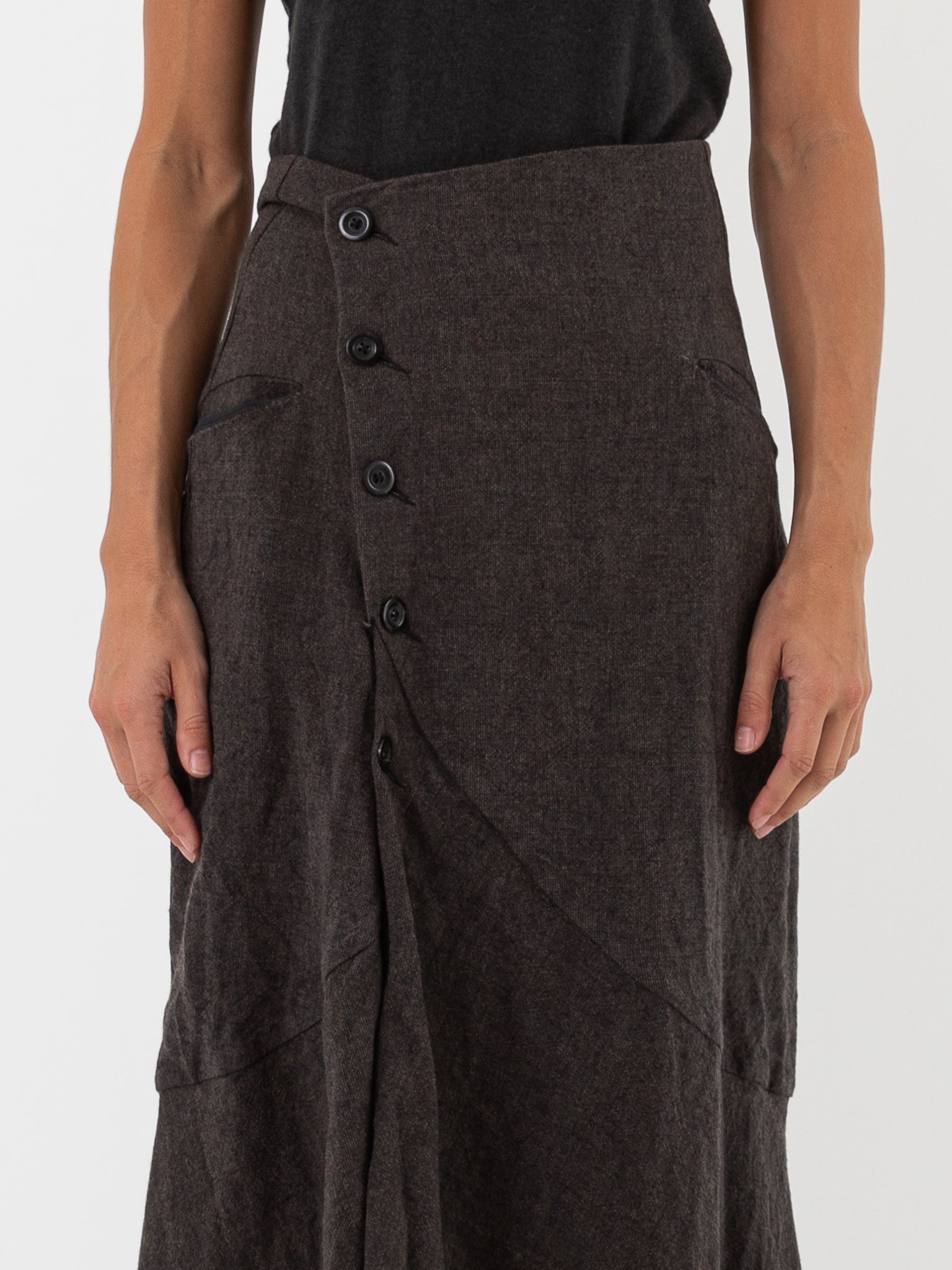 Atelier Suppan Front Crossed Button Skirt 40 in Charcoal - ATELIER SUPPAN at Worthwhile - shop SKIRT