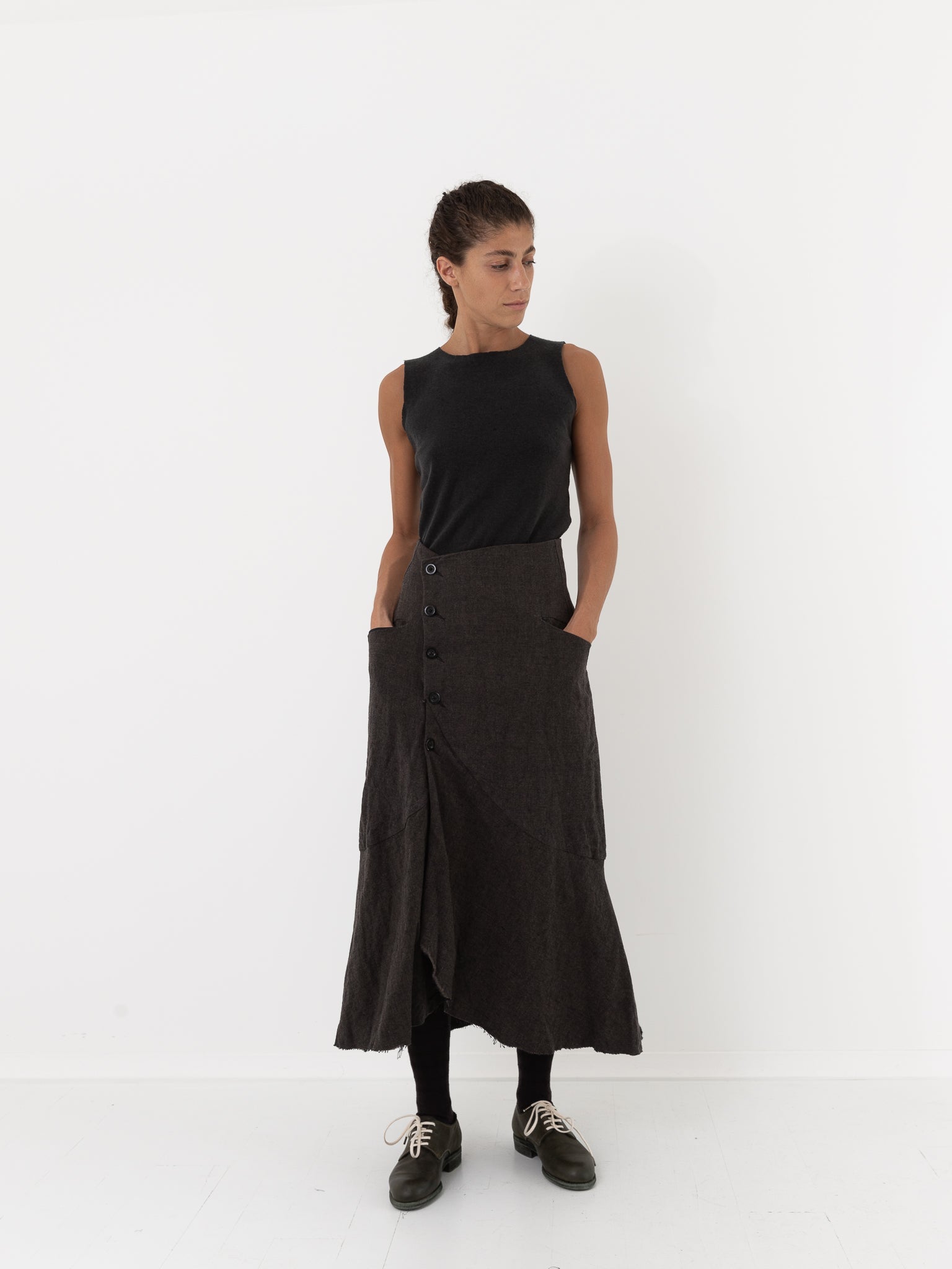 Atelier Suppan Front Crossed Button Skirt 40 in Charcoal - ATELIER SUPPAN at Worthwhile - shop SKIRT