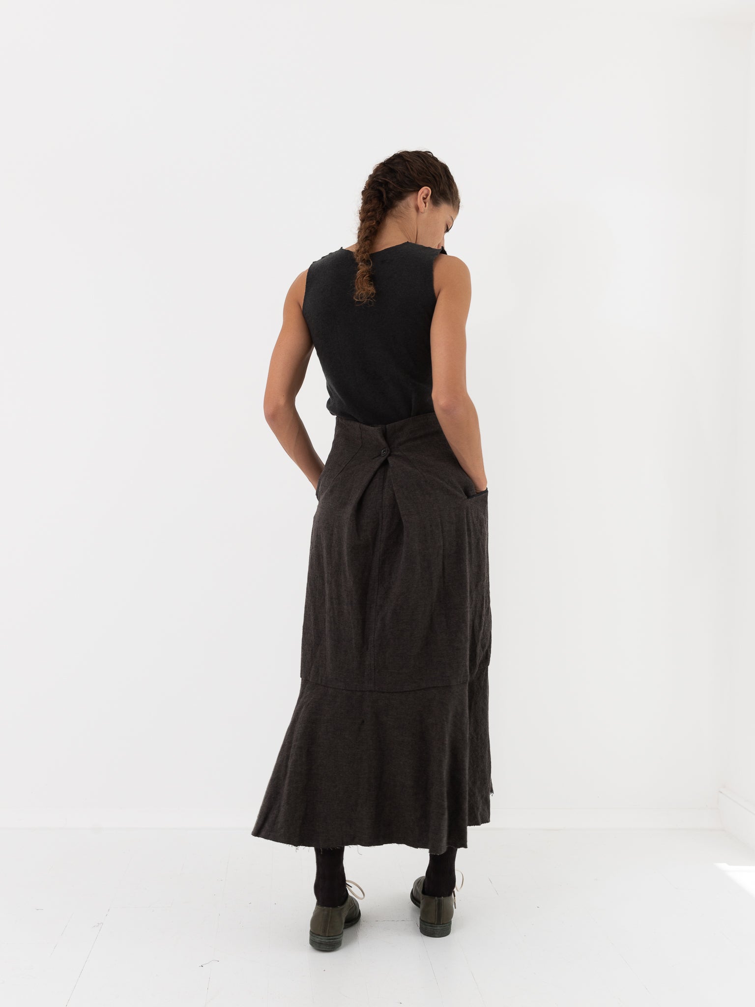Atelier Suppan Front Crossed Button Skirt 40 in Charcoal - ATELIER SUPPAN at Worthwhile - shop SKIRT