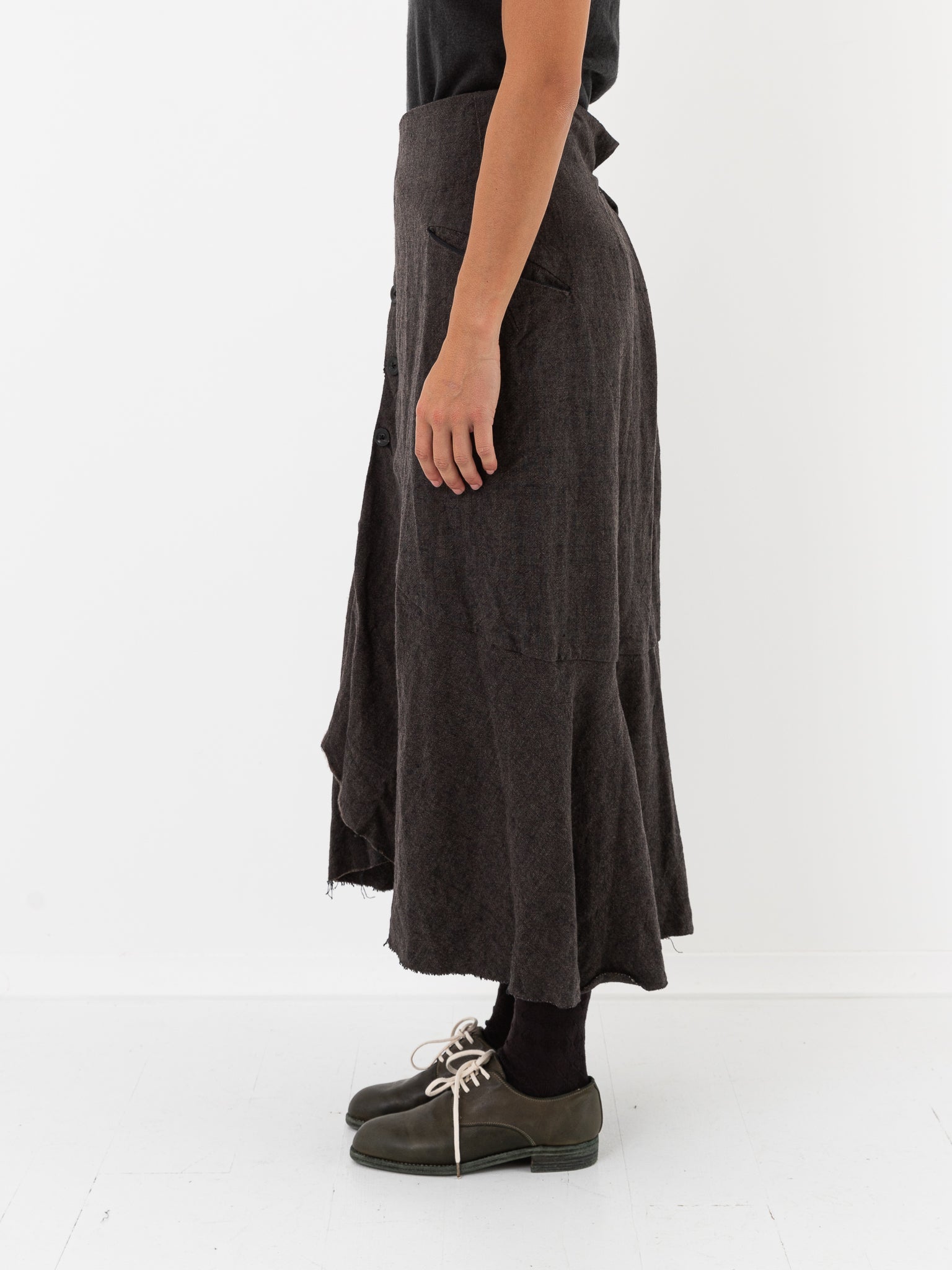 Atelier Suppan Front Crossed Button Skirt 40 in Charcoal - ATELIER SUPPAN at Worthwhile - shop SKIRT