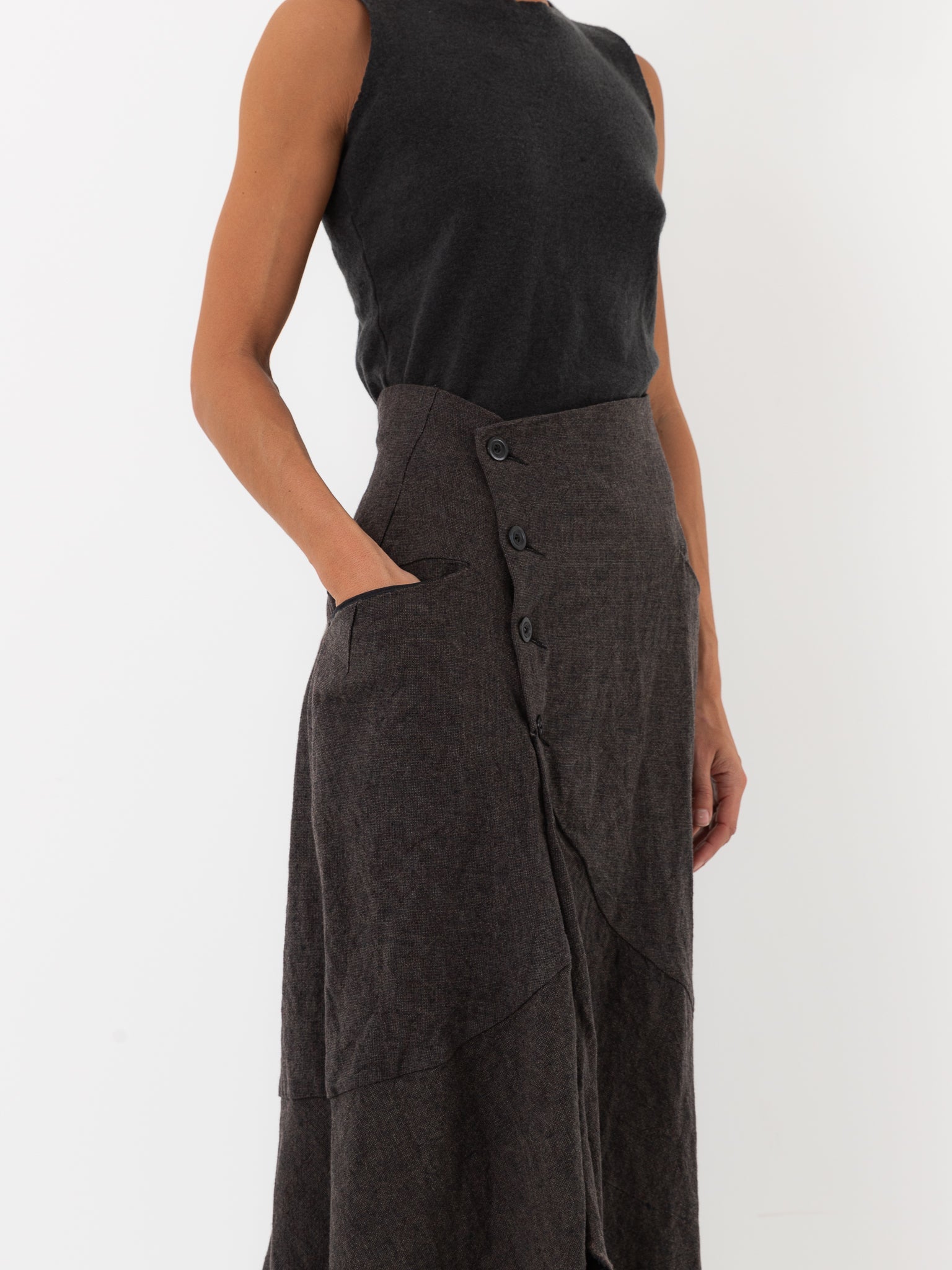 Atelier Suppan Front Crossed Button Skirt 40 in Charcoal - ATELIER SUPPAN at Worthwhile - shop SKIRT