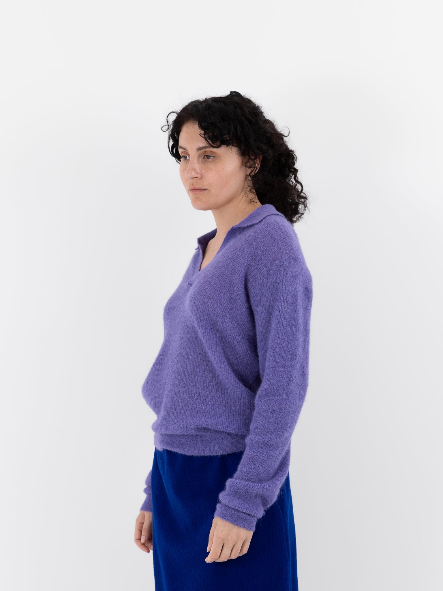 Auralee Baby Suri Alpaca Sheer Knit Skipper Polo in Purple - AURALEE at Worthwhile - shop TOP
