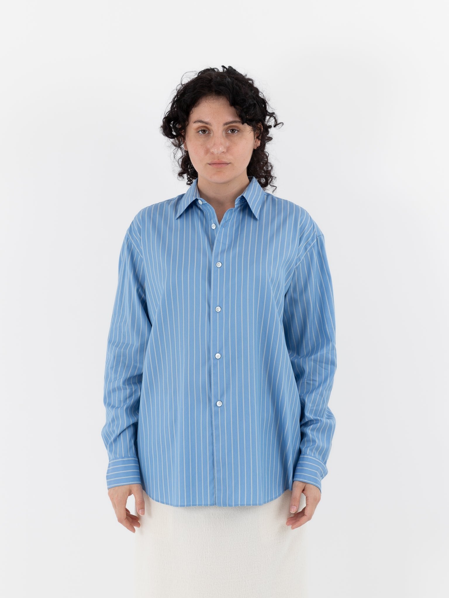 Auralee Cotton Silk Stripe Shirt in Sax Blue - AURALEE at Worthwhile - shop TOP