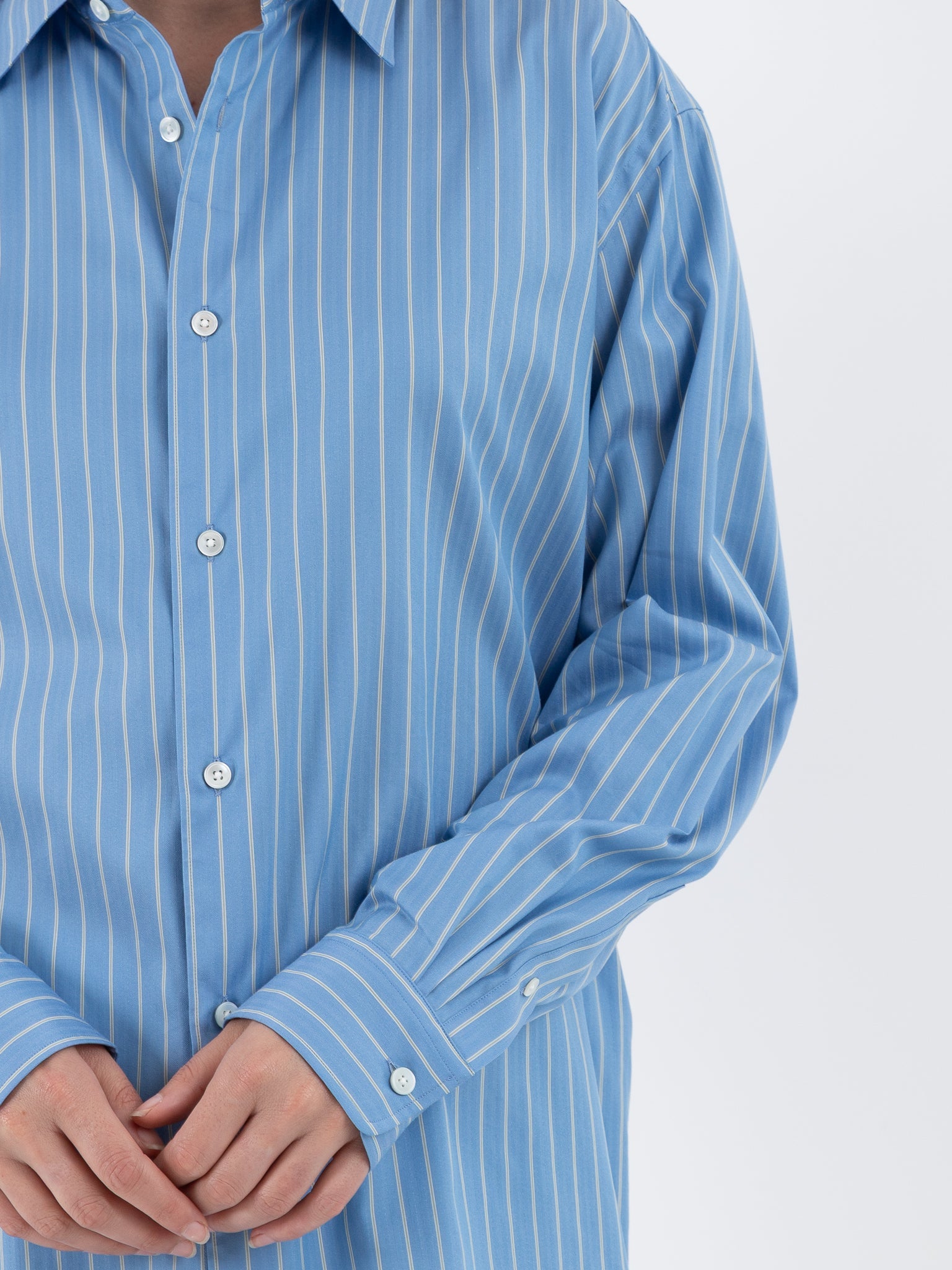 Auralee Cotton Silk Stripe Shirt in Sax Blue - AURALEE at Worthwhile - shop TOP