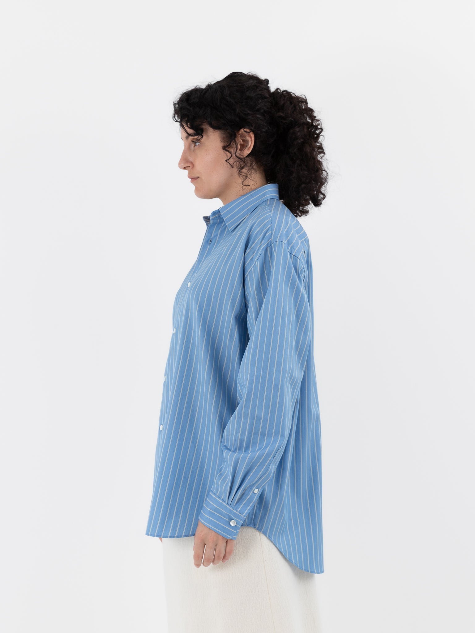 Auralee Cotton Silk Stripe Shirt in Sax Blue - AURALEE at Worthwhile - shop TOP