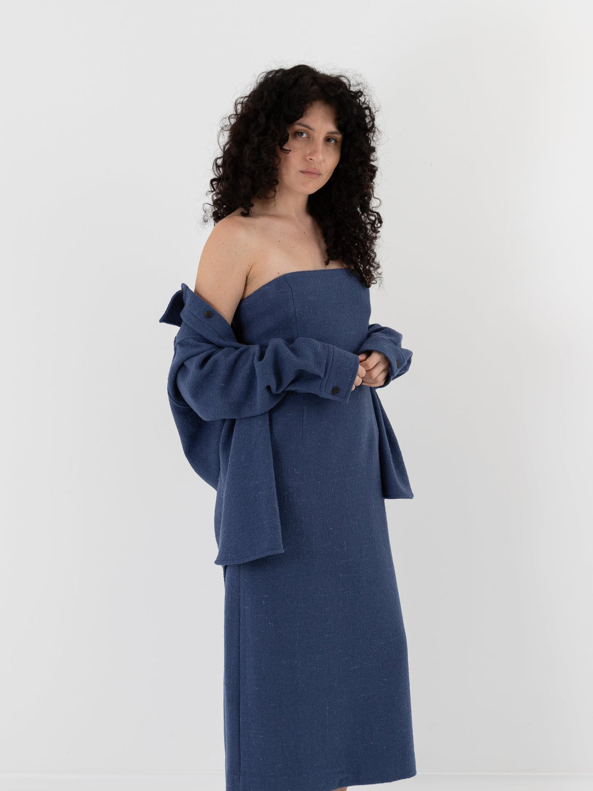 Auralee Homespun Tweed Shirt Blouson in Dusty Blue - AURALEE at Worthwhile - shop TOP