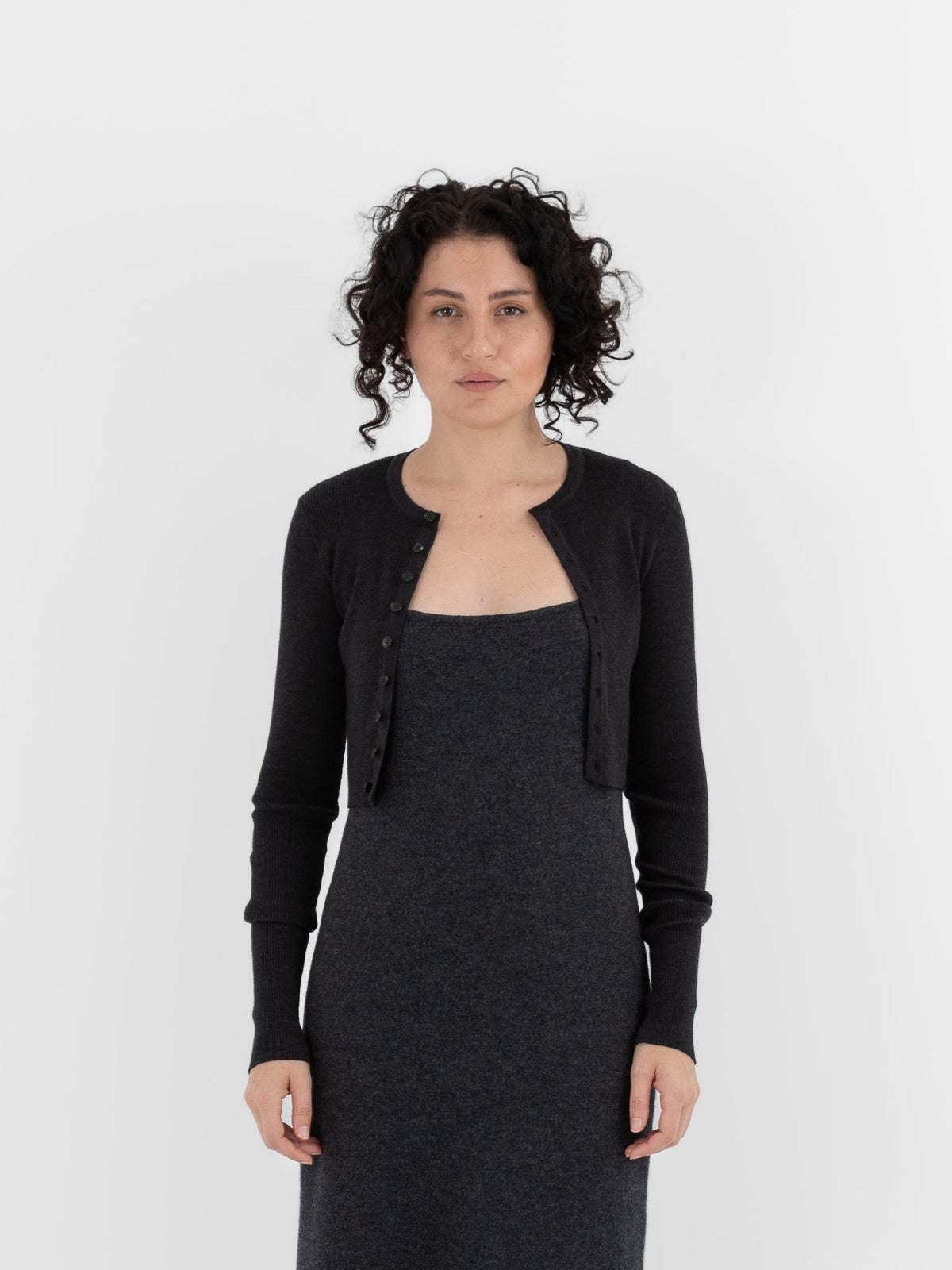 Auralee Super Fine Wool High Gauge Rib Knit Short Cardigan in Charcoal - AURALEE at Worthwhile - shop CARDIGAN