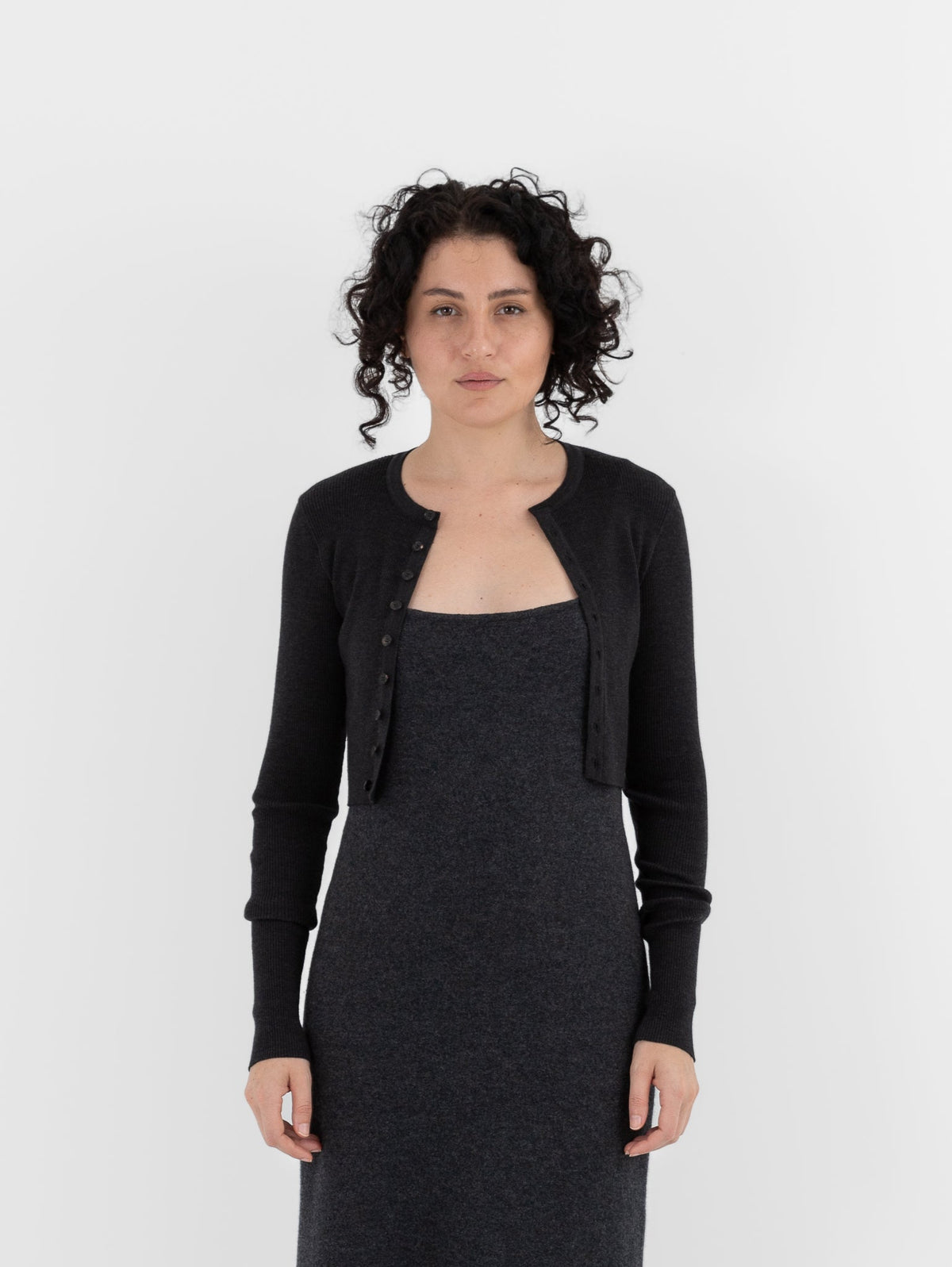 Auralee Super Fine Wool High Gauge Rib Knit Short Cardigan in Charcoal - AURALEE at Worthwhile - shop CARDIGAN