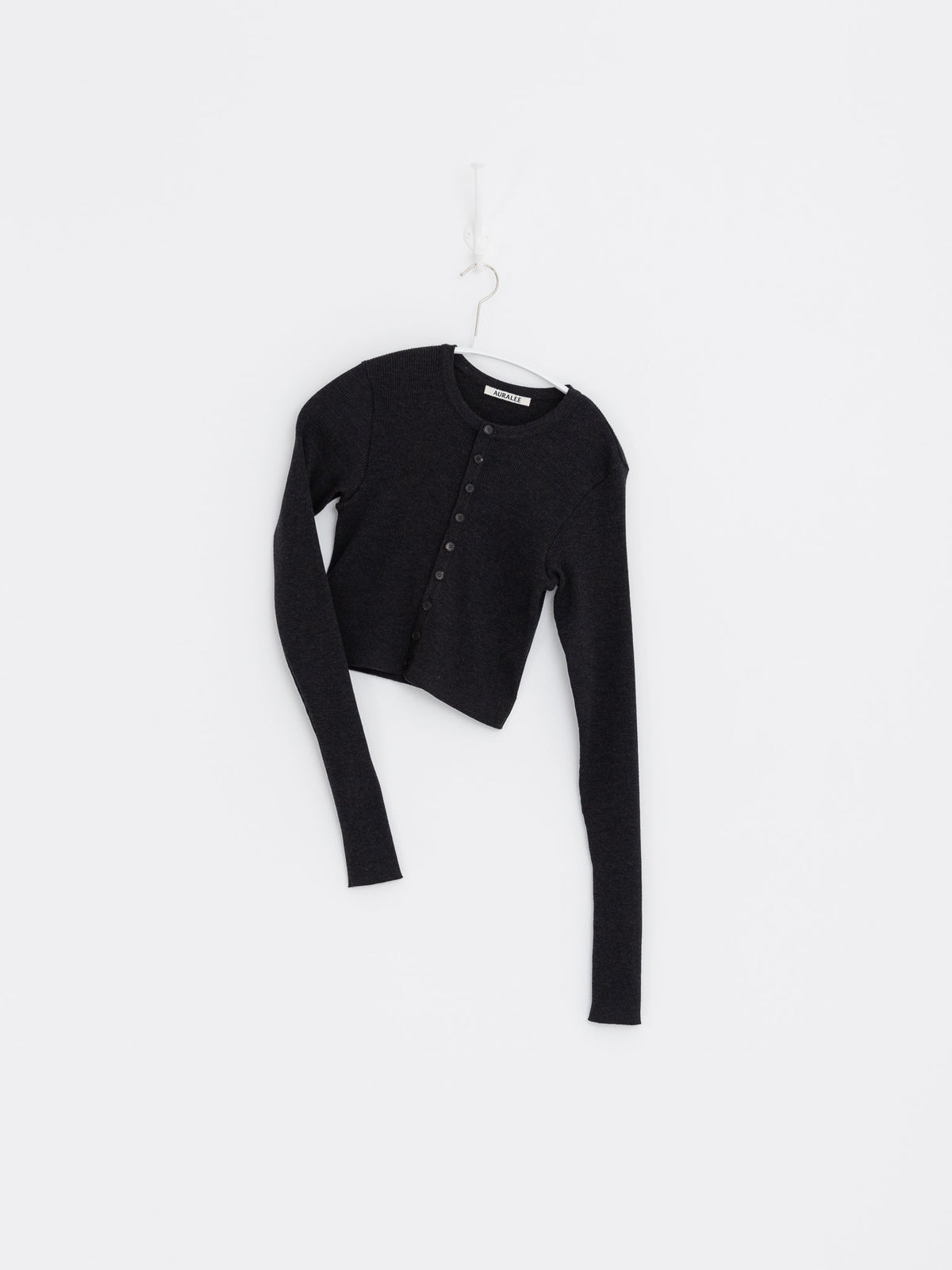 Auralee Super Fine Wool High Gauge Rib Knit Short Cardigan in Charcoal - AURALEE at Worthwhile - shop CARDIGAN