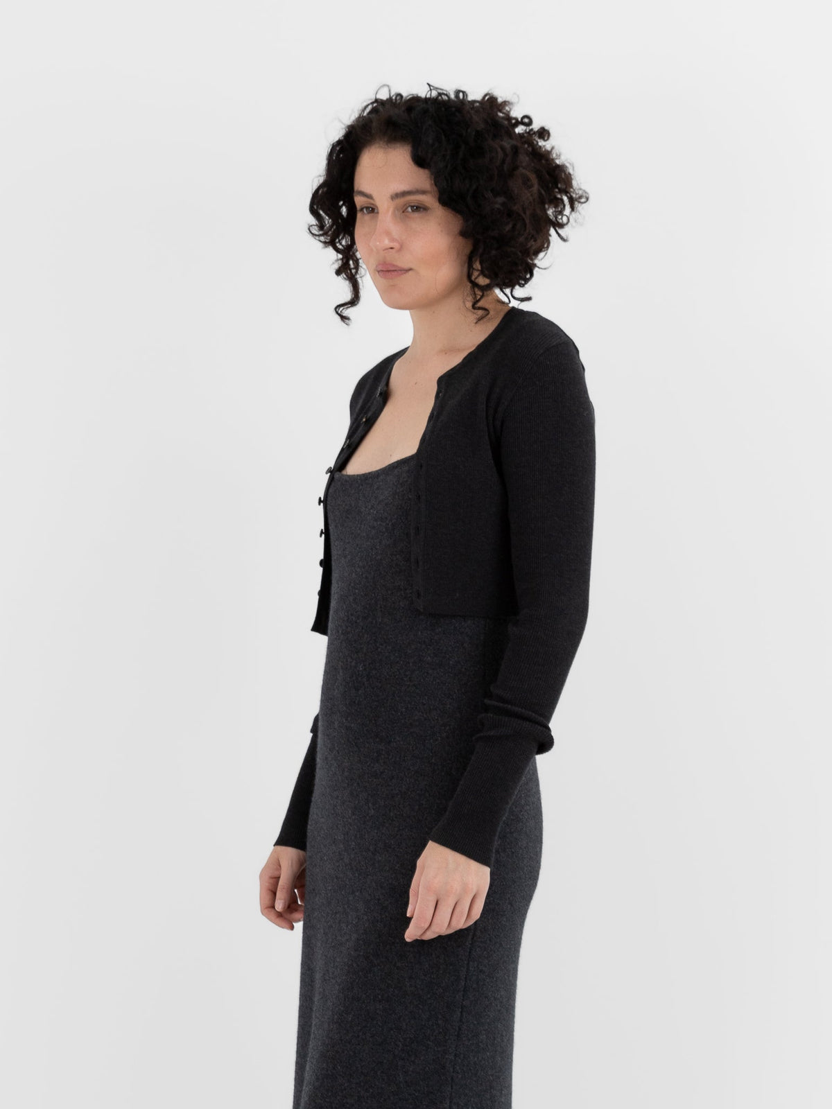 Auralee Super Fine Wool High Gauge Rib Knit Short Cardigan in Charcoal - AURALEE at Worthwhile - shop CARDIGAN