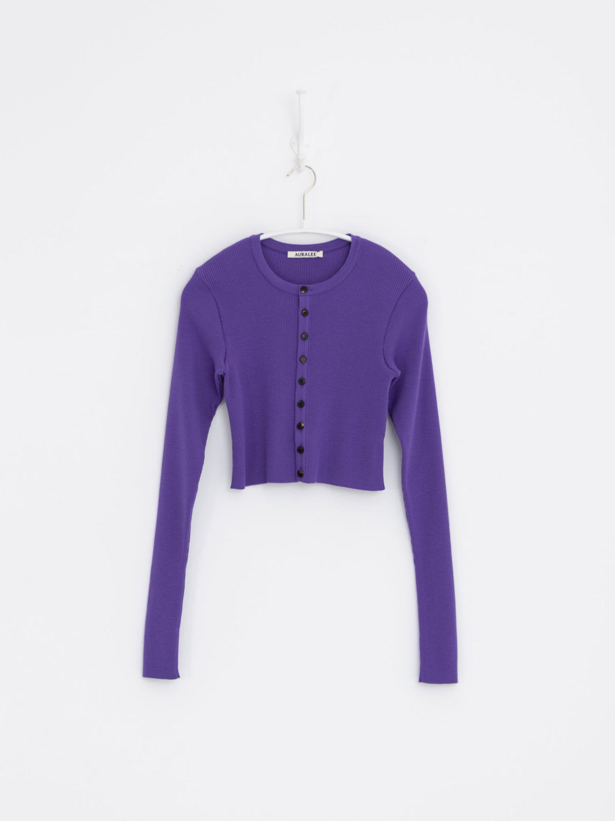 Auralee Super Fine Wool High Gauge Rib Knit Short Cardigan in Purple - AURALEE at Worthwhile - shop CARDIGAN