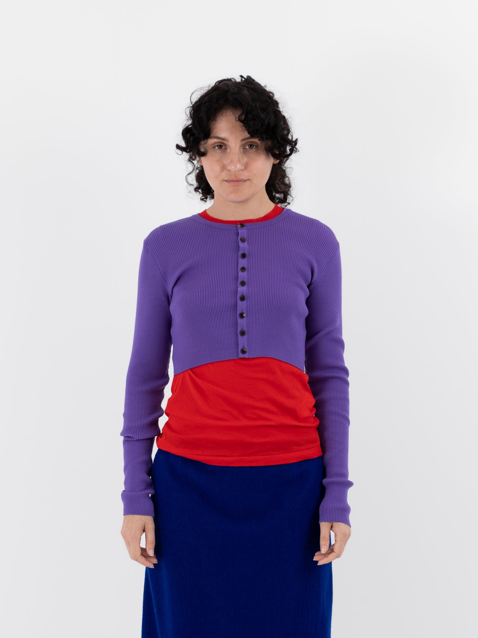Auralee Super Fine Wool High Gauge Rib Knit Short Cardigan in Purple - AURALEE at Worthwhile - shop CARDIGAN
