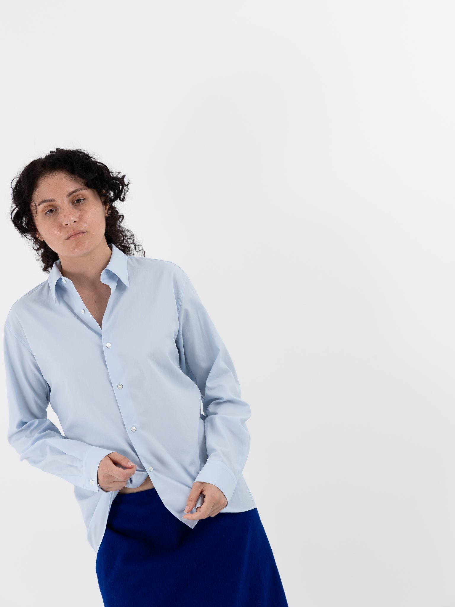 Auralee Washed Finx Twill Slim Shirt in Light Blue - AURALEE at Worthwhile - shop TOP