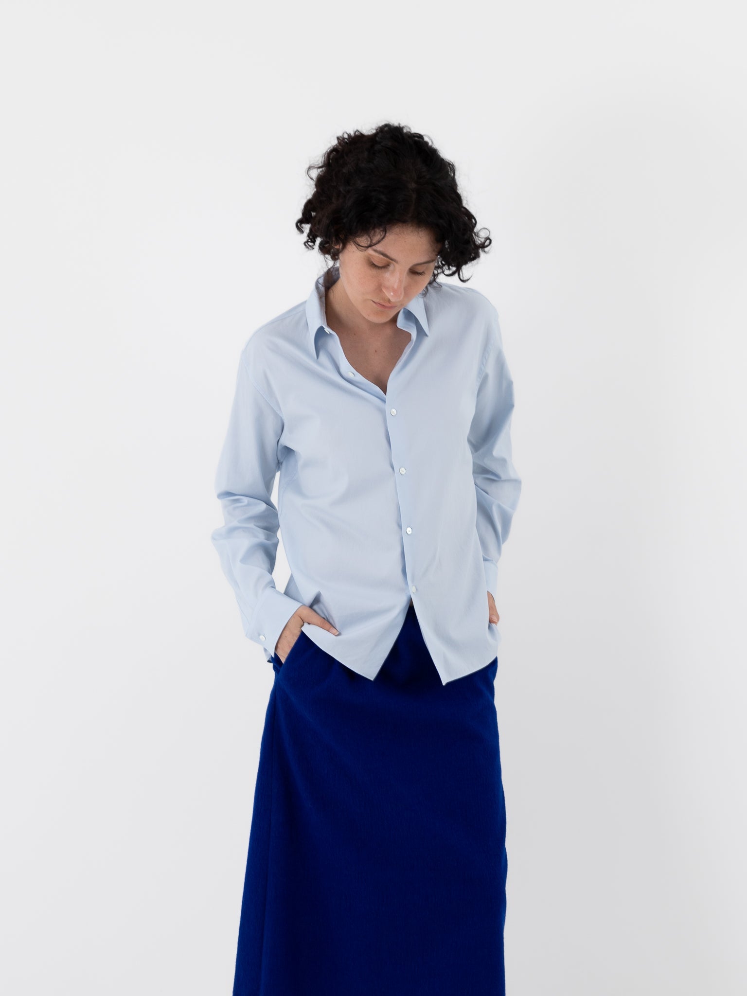 Auralee Washed Finx Twill Slim Shirt in Light Blue - AURALEE at Worthwhile - shop TOP