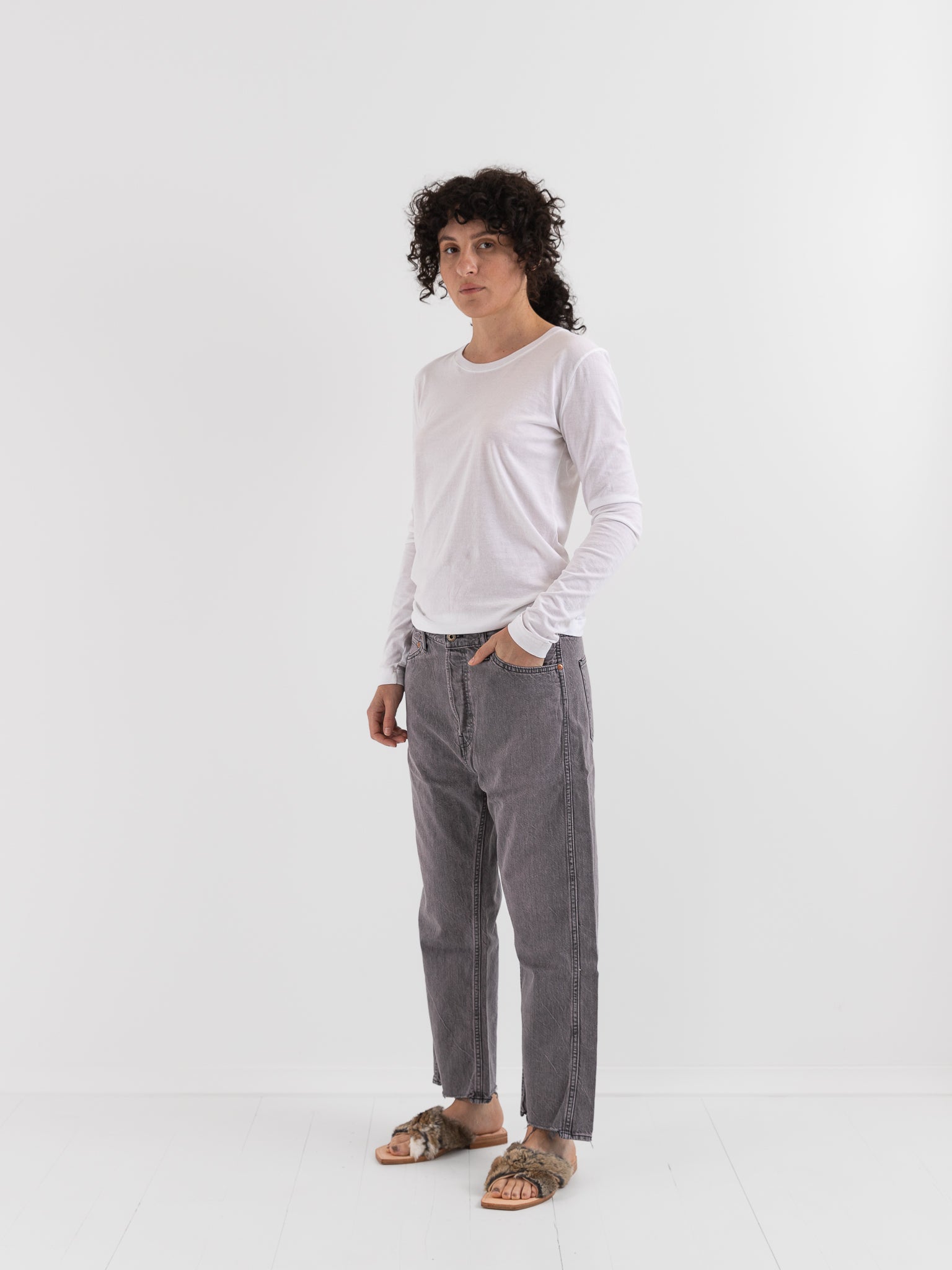 Chimala Wide Tapered Cut Denim Pants in Pinkish Gray - CHIMALA at Worthwhile - shop PANT