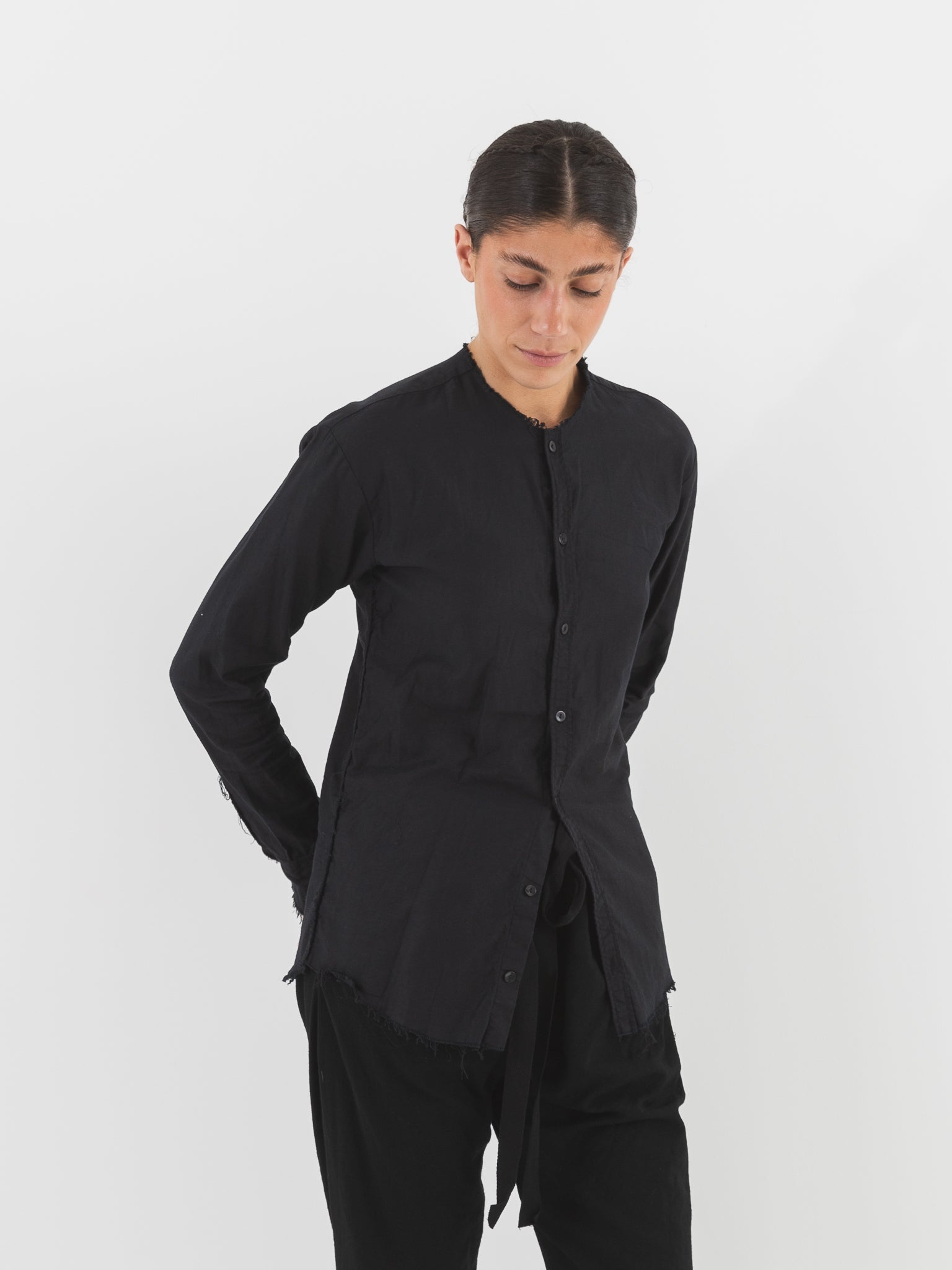 Elena Dawson No Collar Shirt, Black Cotton - ELENA DAWSON at Worthwhile - shop TOP
