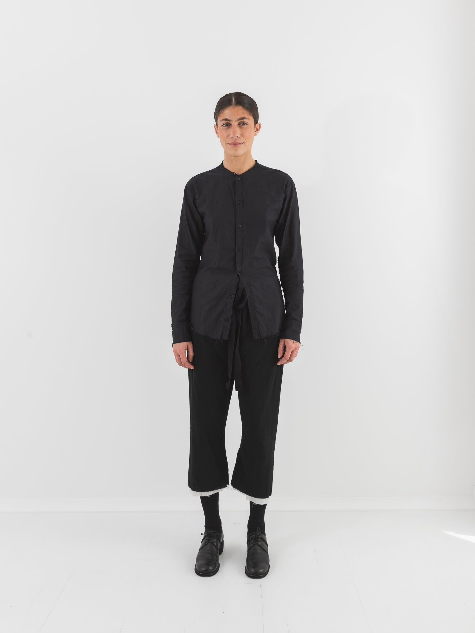 Elena Dawson No Collar Shirt, Black Cotton - ELENA DAWSON at Worthwhile - shop TOP